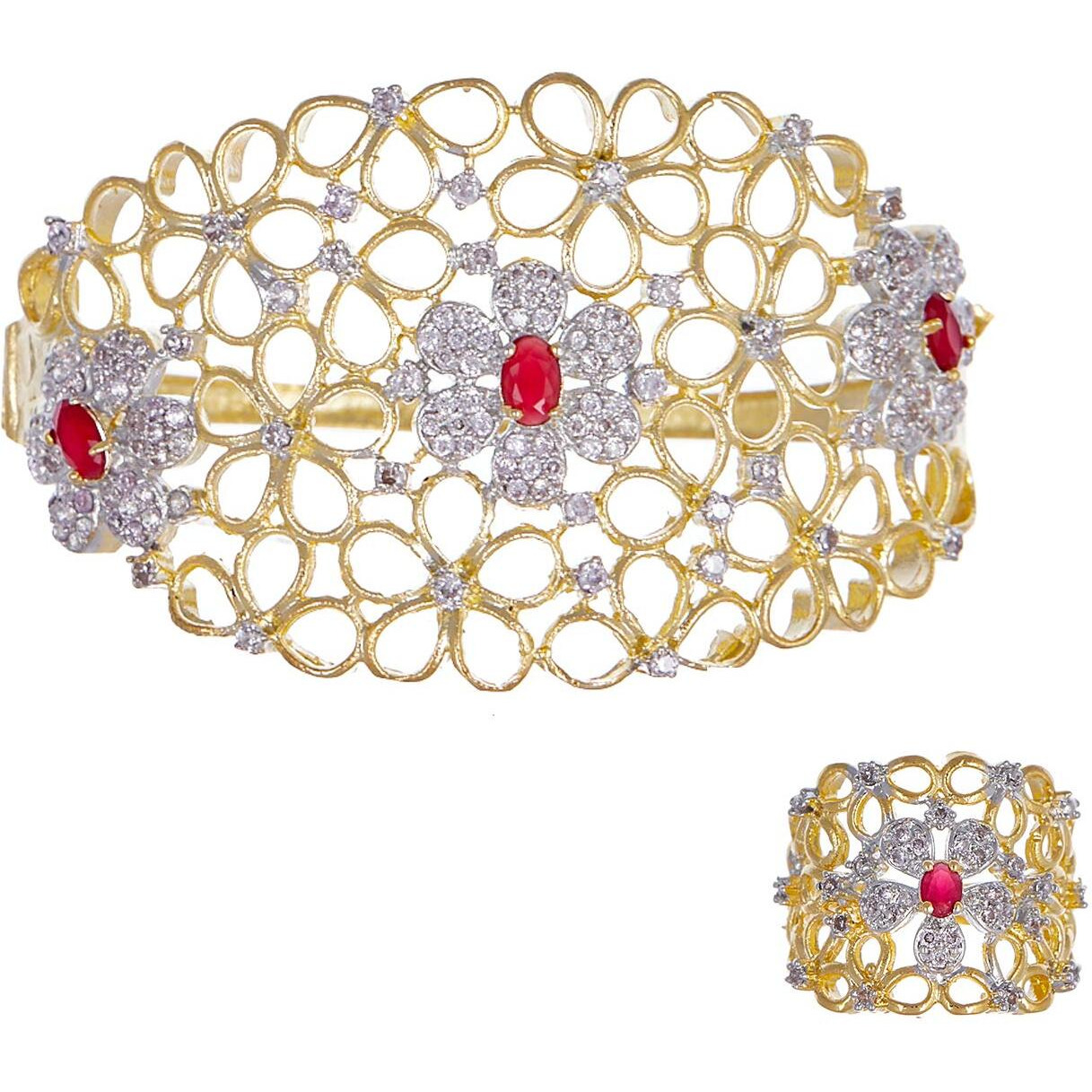 ZENEME Bracelet Gold Plated American Diamond Studded Celebrity Inspired Red Kada Style Bracelet With Ring Jewellery For Girl and Women
