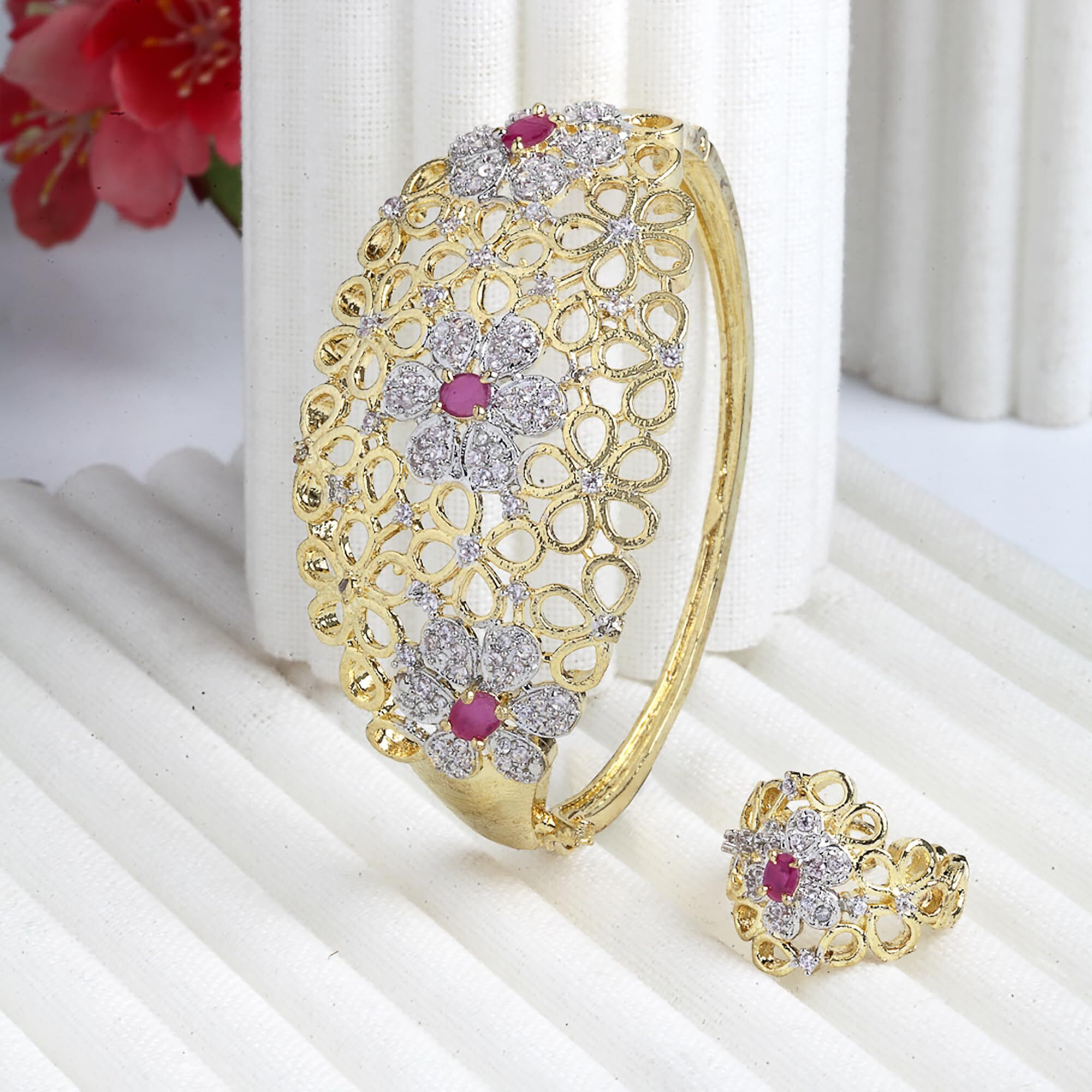 ZENEME Bracelet Gold Plated American Diamond Studded Celebrity Inspired Red Kada Style Bracelet With Ring Jewellery For Girl and Women