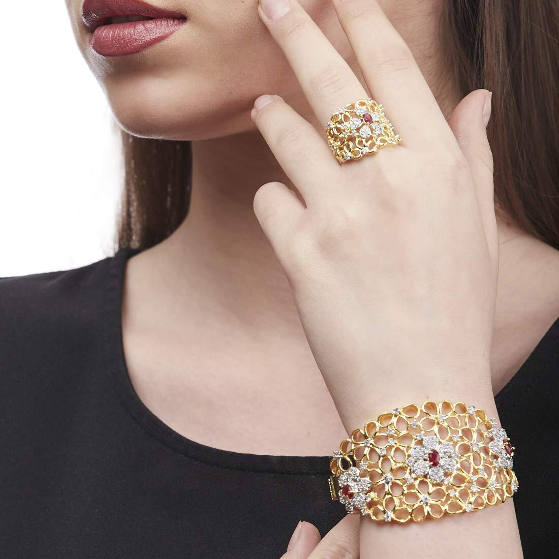 ZENEME Bracelet Gold Plated American Diamond Studded Celebrity Inspired Red Kada Style Bracelet With Ring Jewellery For Girl and Women