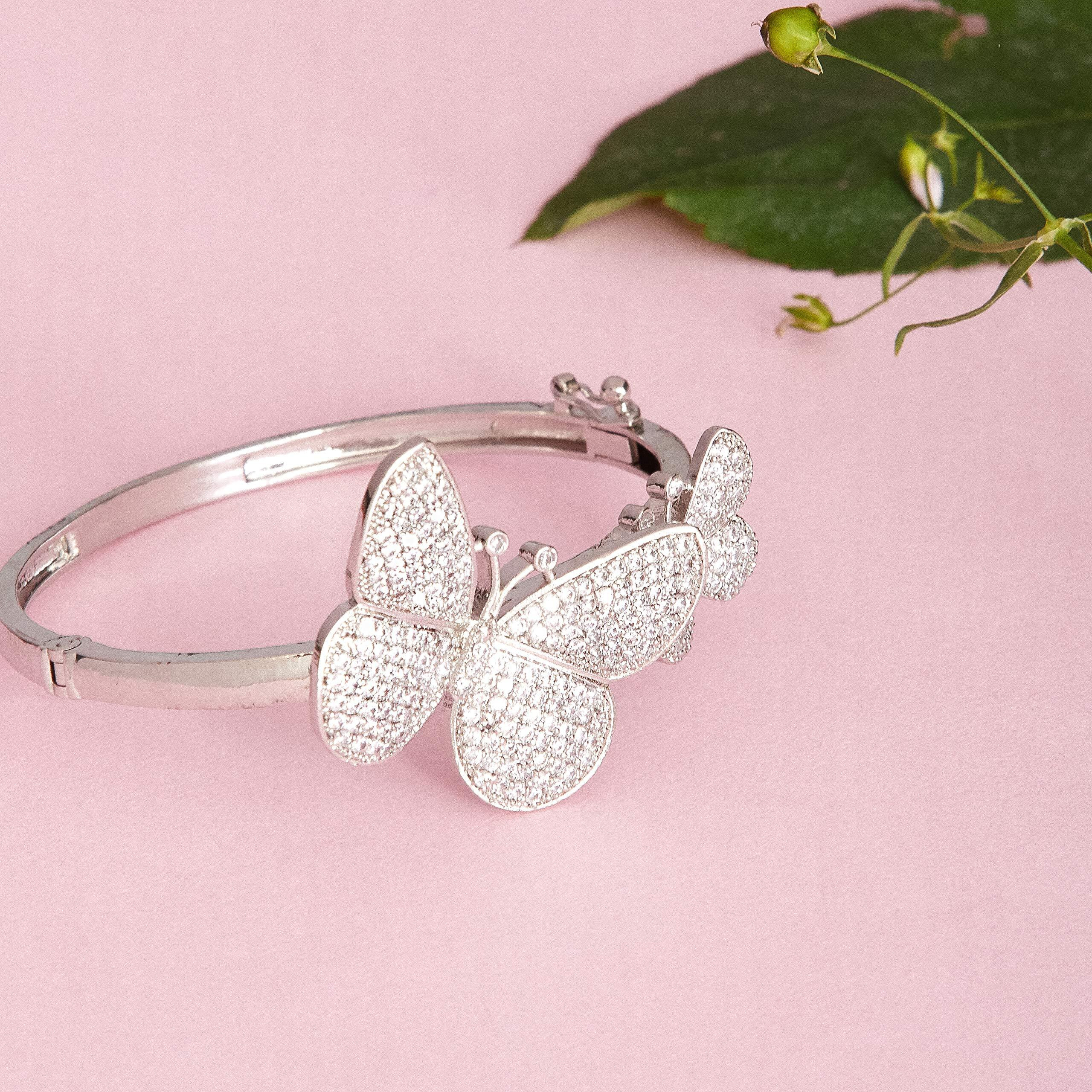 ZENEME Bracelet Rhodium Plated Silver Toned American Diamond Studded Charming Butterfly Bracelet Jewellery For Women & Girls