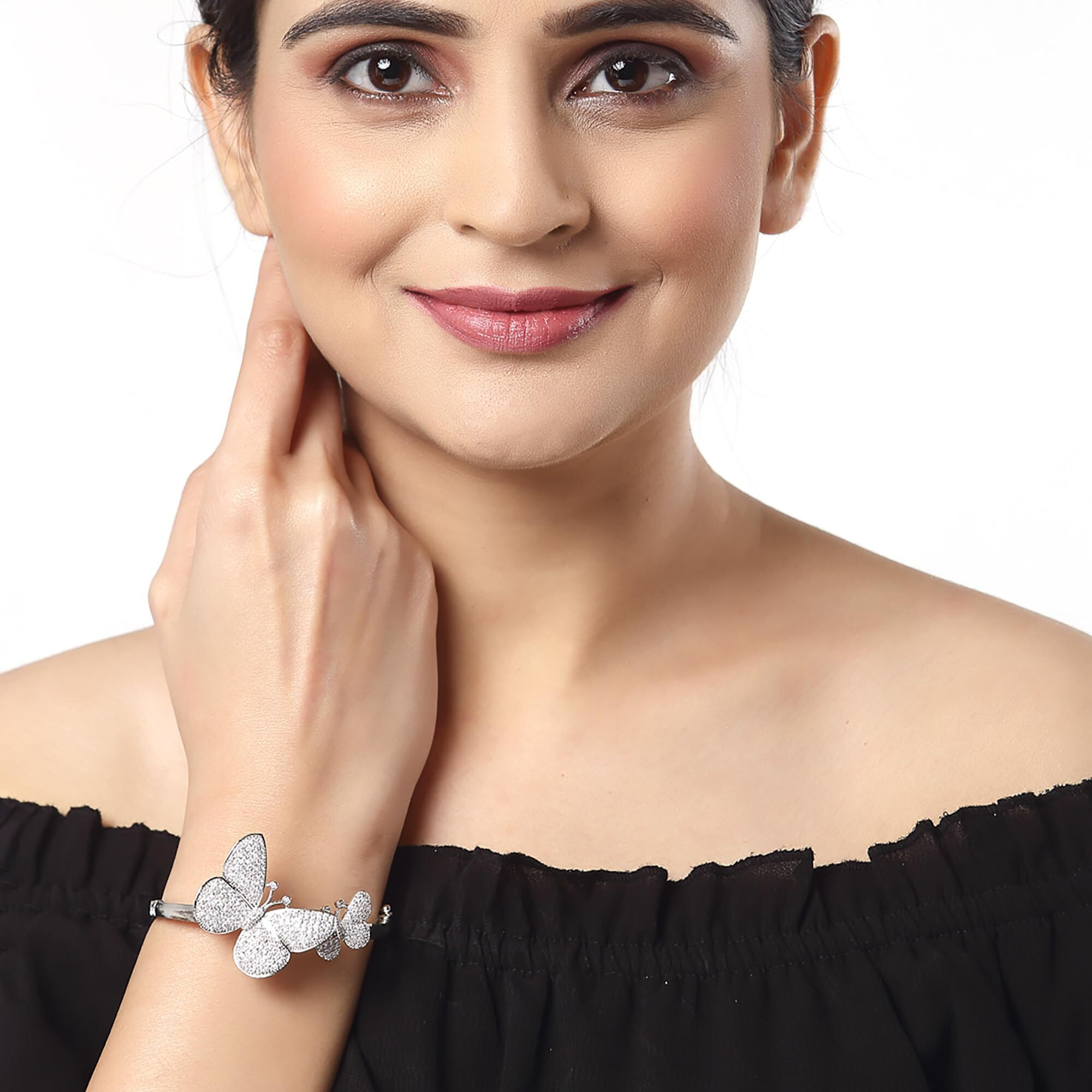 ZENEME Bracelet Rhodium Plated Silver Toned American Diamond Studded Charming Butterfly Bracelet Jewellery For Women & Girls