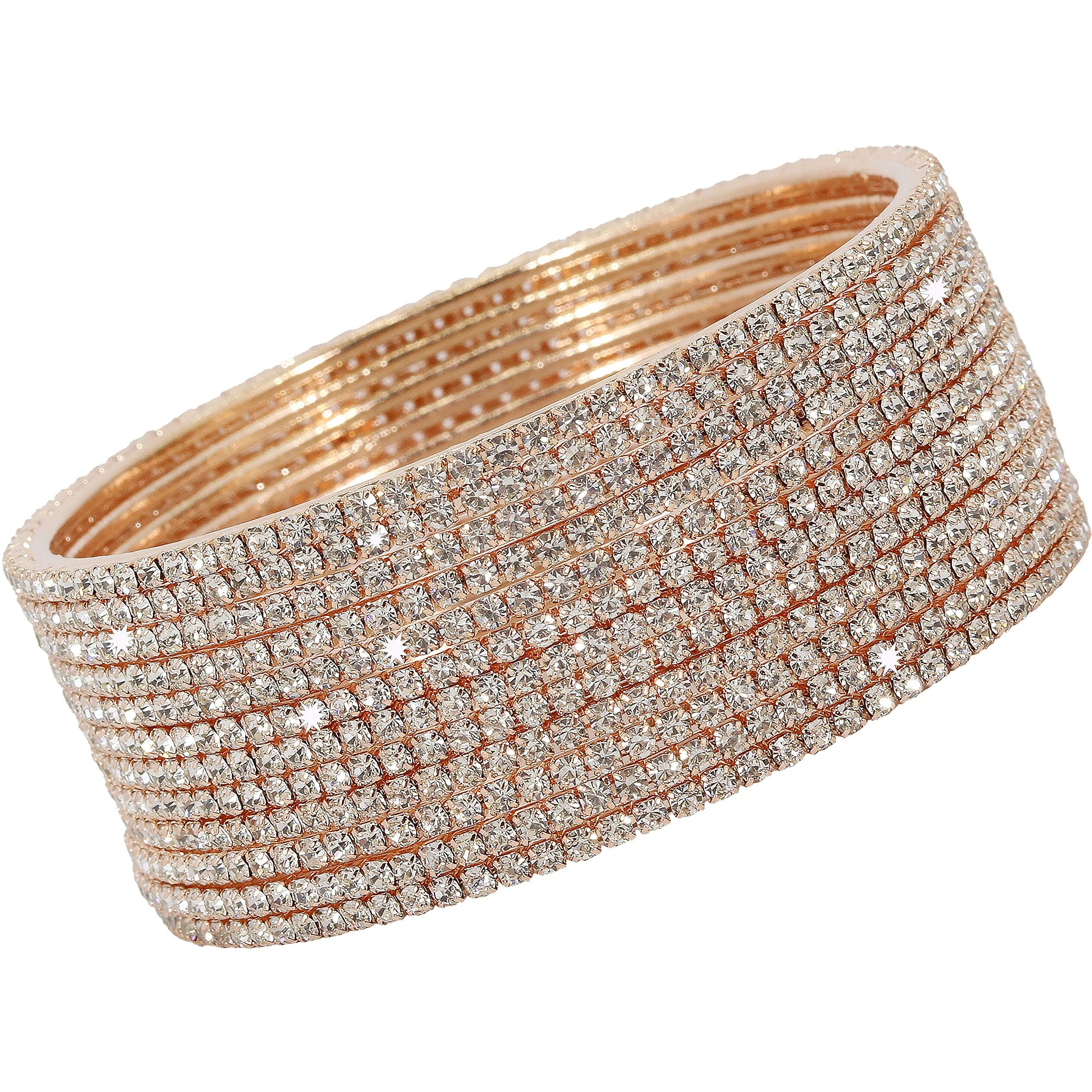 ZULKA Non-Precious Metal Base Metal with Zircon Gemstone Studded worked Glossy Finished Bangle Set For Women and Girls, (Silver-RoseGold_2.2 Inches), Pack Of 12 Bangle Set