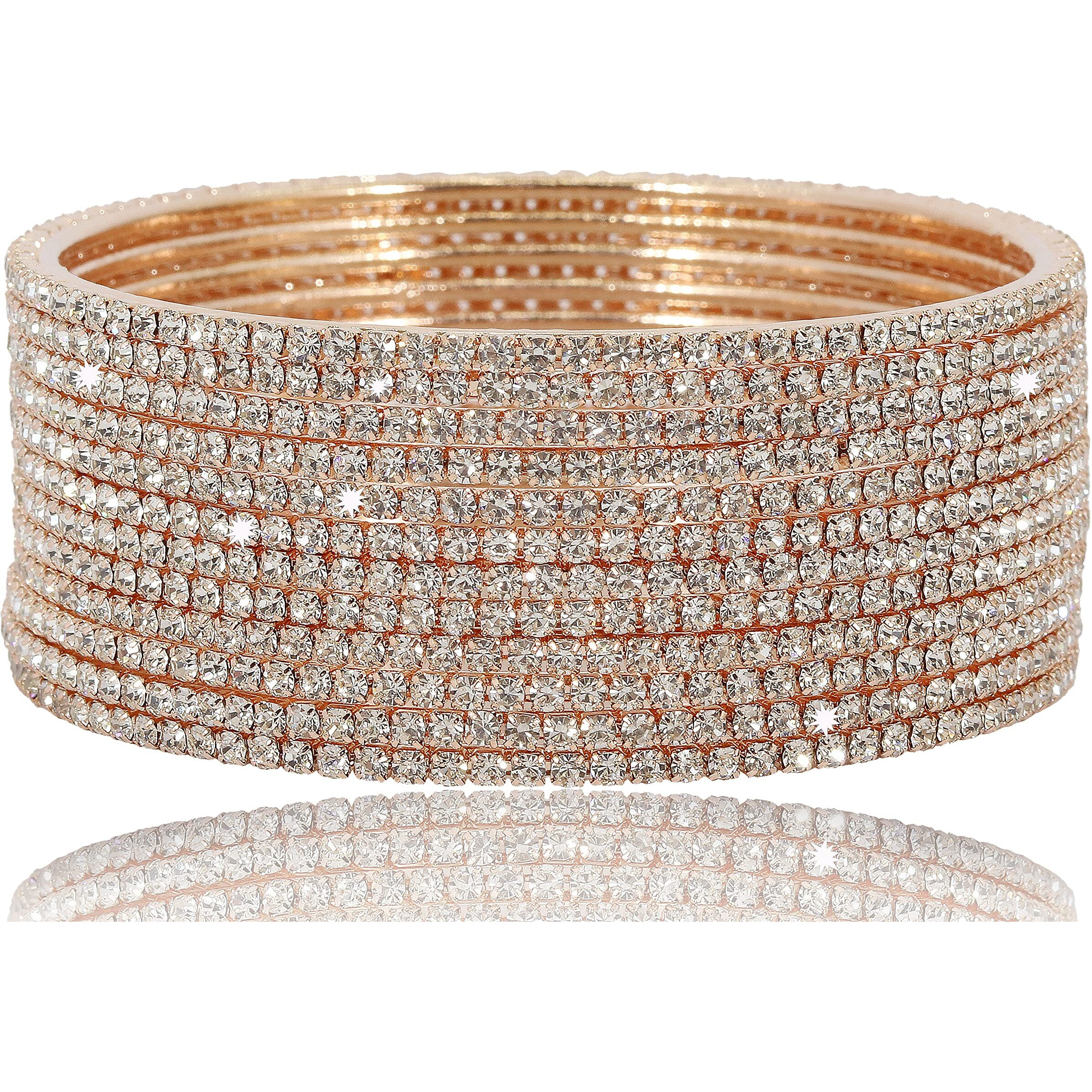 ZULKA Non-Precious Metal Base Metal with Zircon Gemstone Studded worked Glossy Finished Bangle Set For Women and Girls, (Silver-RoseGold_2.2 Inches), Pack Of 12 Bangle Set