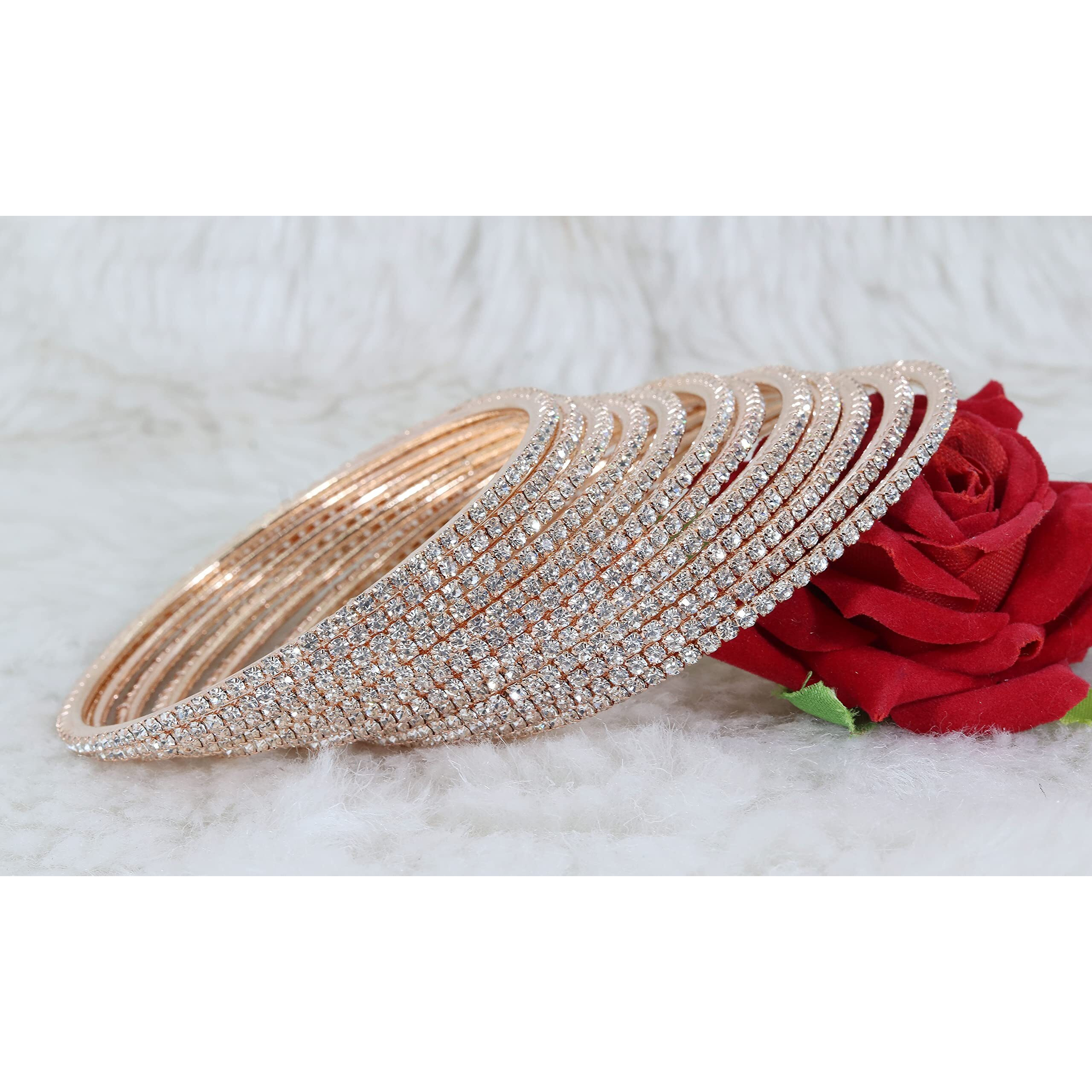 ZULKA Non-Precious Metal Base Metal with Zircon Gemstone Studded worked Glossy Finished Bangle Set For Women and Girls, (Silver-RoseGold_2.2 Inches), Pack Of 12 Bangle Set