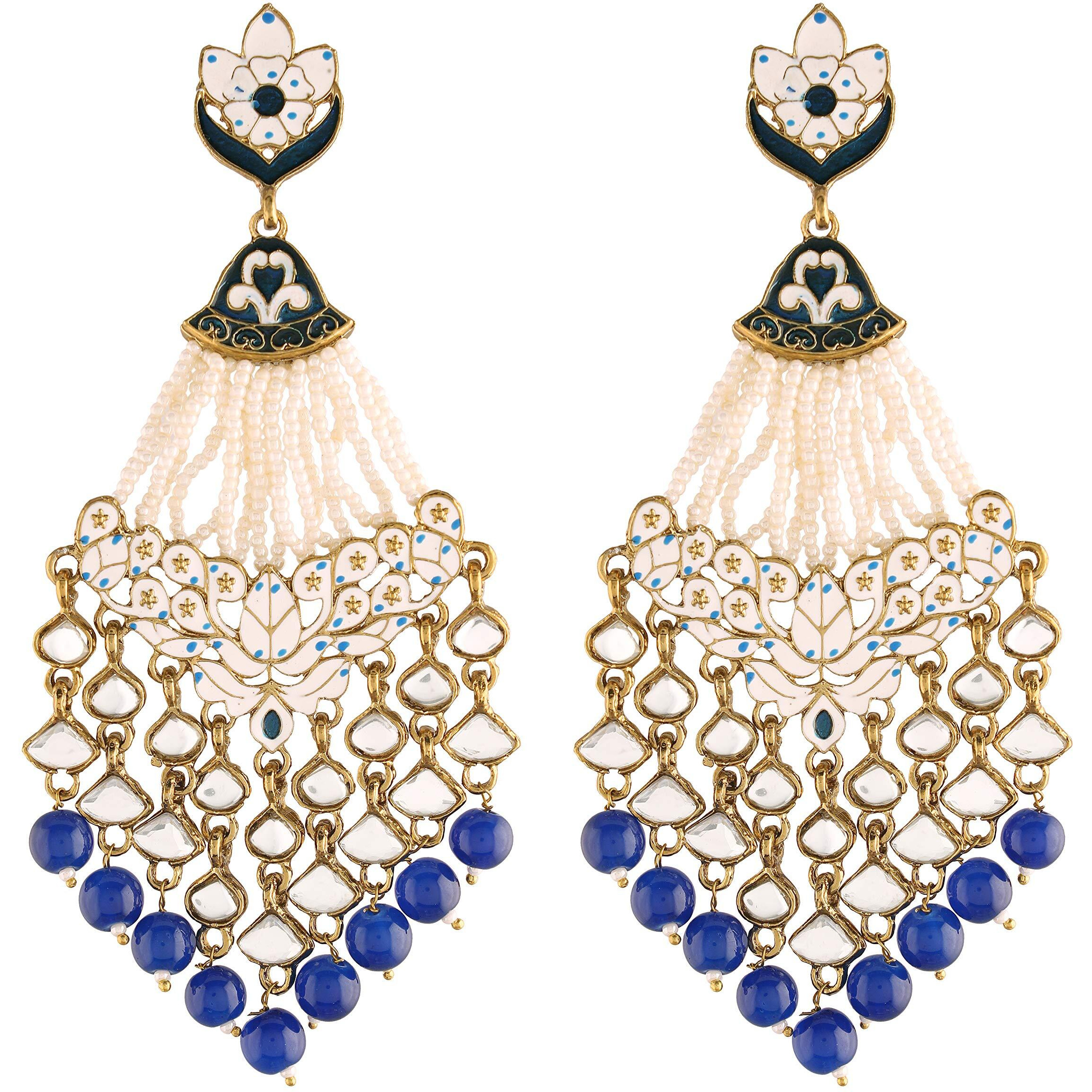I Jewels 18K Gold Plated Ethnic Meenakri Dangler Earrings studded with Kundan for Women/Girls (E2792Bl)