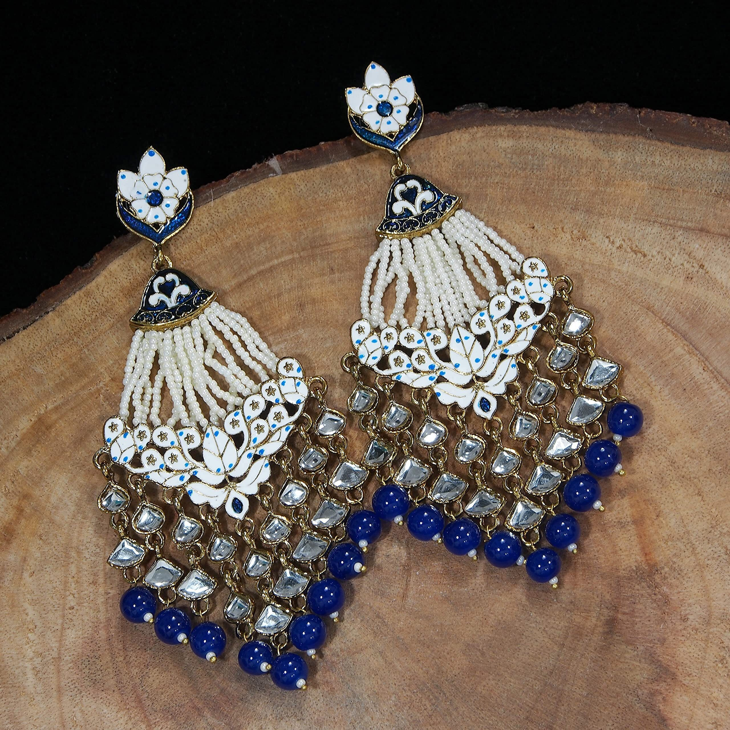I Jewels 18K Gold Plated Ethnic Meenakri Dangler Earrings studded with Kundan for Women/Girls (E2792Bl)