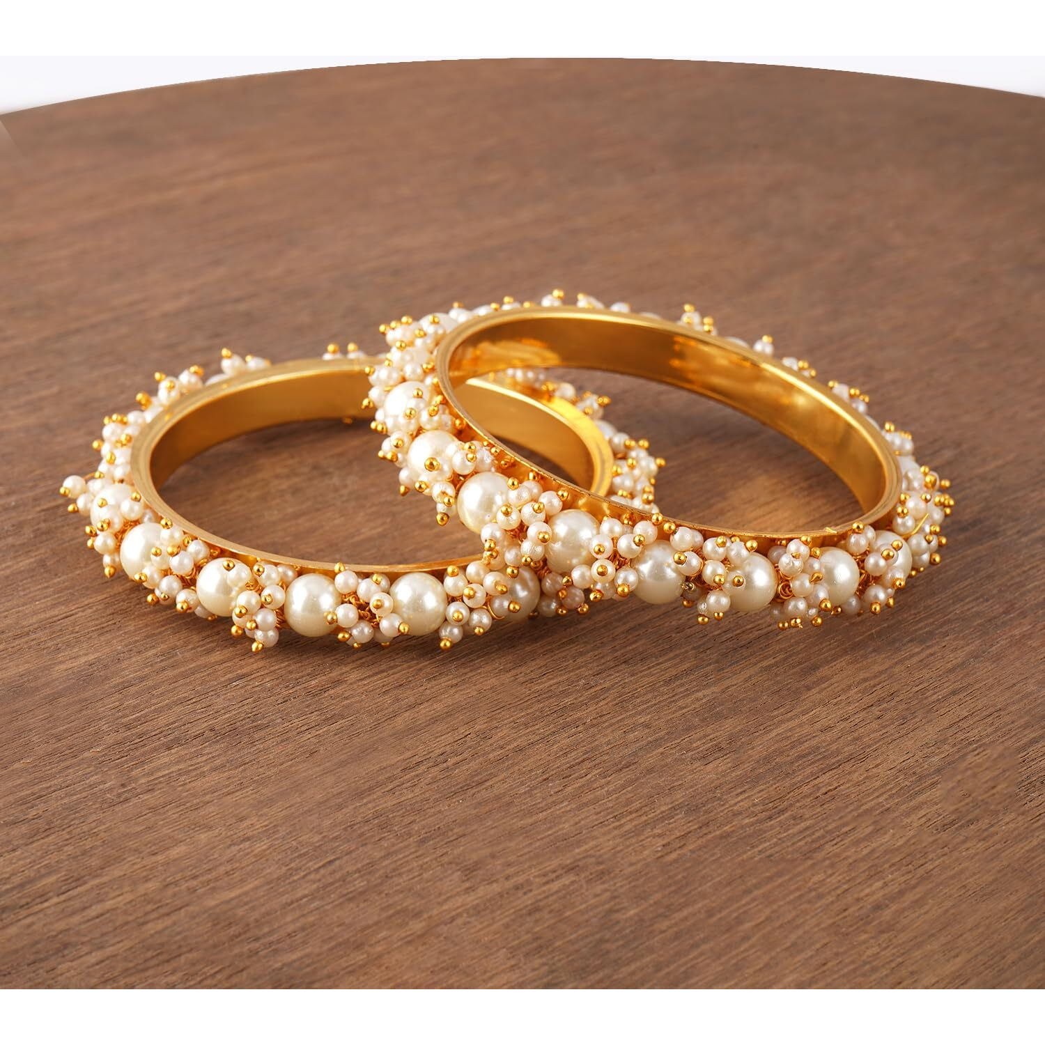 JFL - Jewellery for Less Latest Gold Plated Cluster Pearl and White Color Beads Bangle Set (set of 2).