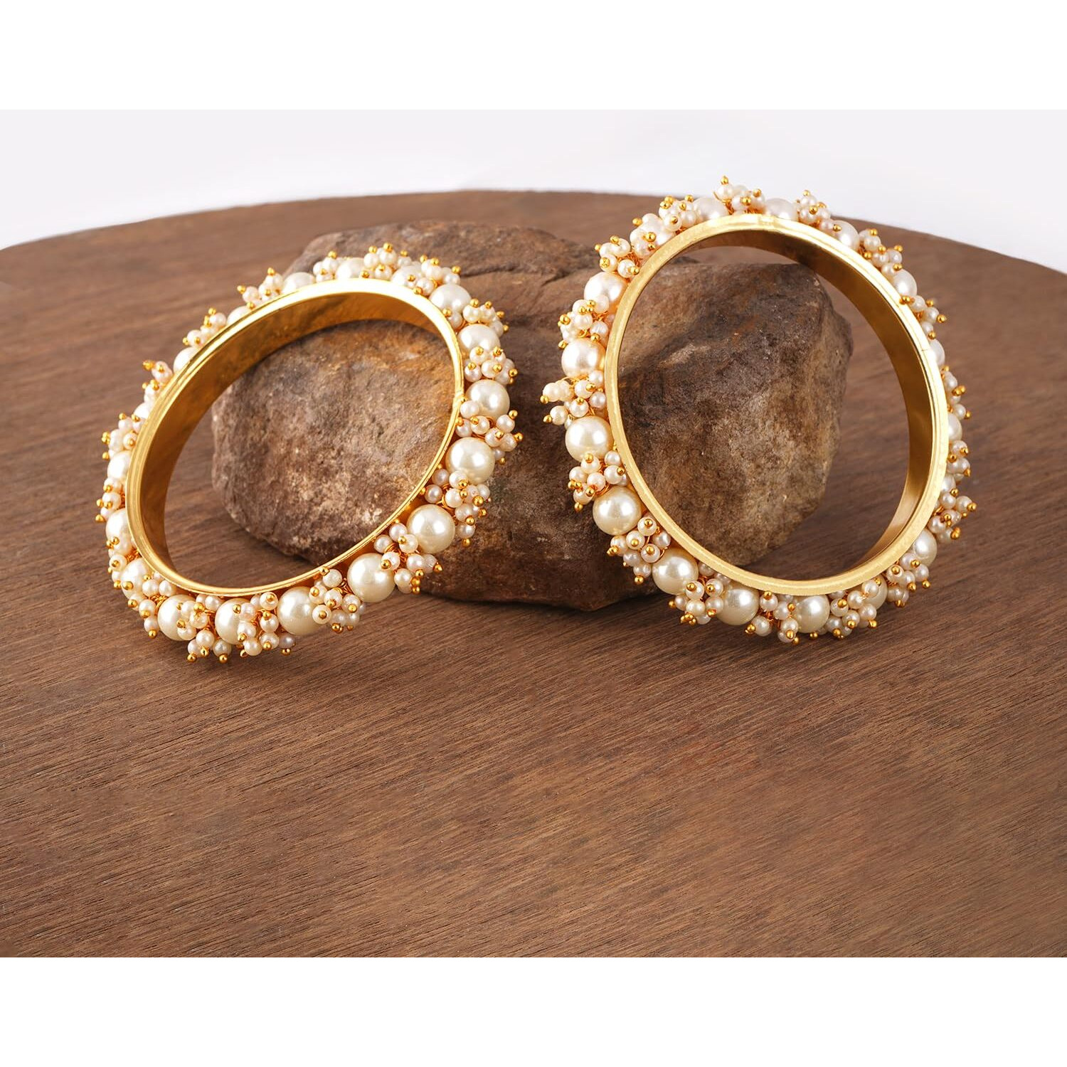 JFL - Jewellery for Less Latest Gold Plated Cluster Pearl and White Color Beads Bangle Set (set of 2).
