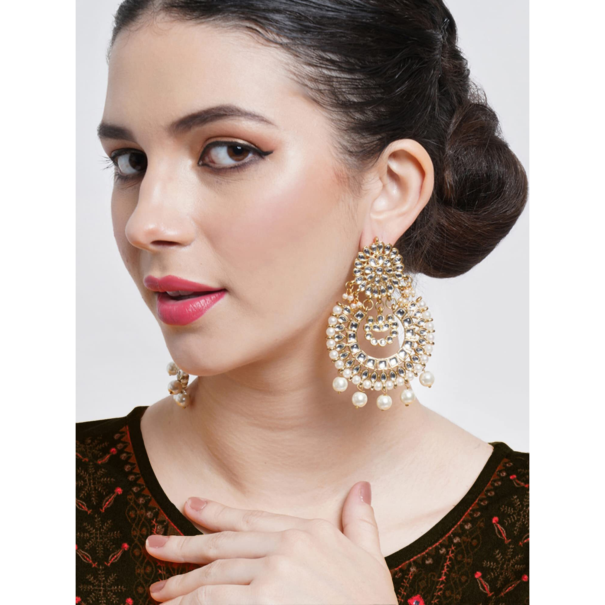 Karatcart White Drops Kundan Chandbali Earrings for Women