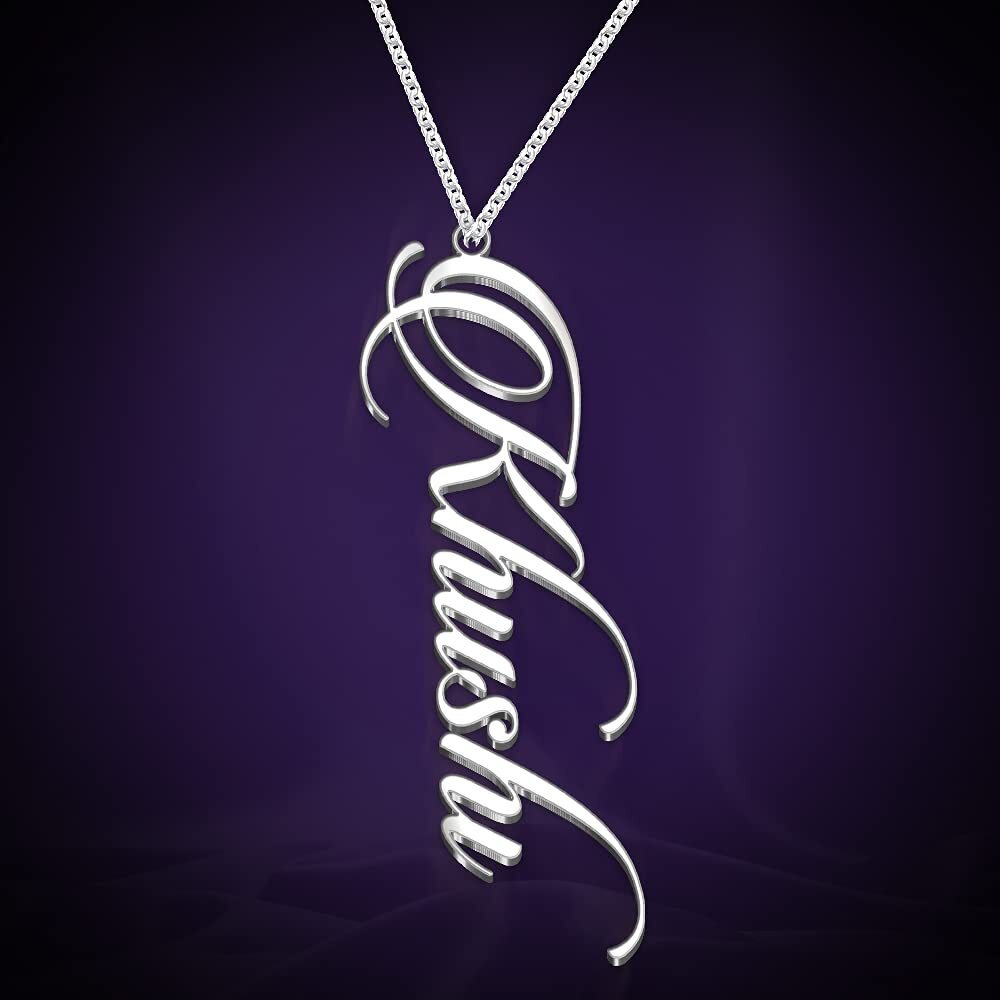Dreamrax Fixed Khushi Cursive Name Silver Pendant Necklace - Vertical Standing Design For Women
