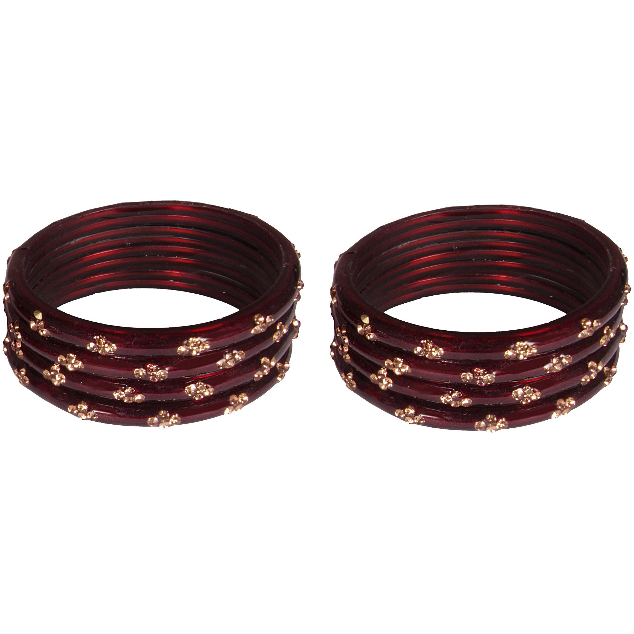 NMII Glass with Zircon Gemstone Or Beads Studded worked Glossy Finished Kada Set For Women and Girls, (Maroon_2.4 Inches), Pack Of 8 Kada Set