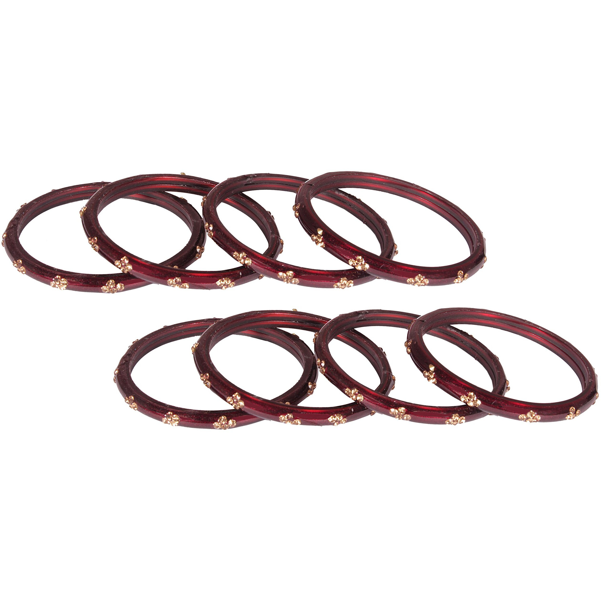 NMII Glass with Zircon Gemstone Or Beads Studded worked Glossy Finished Kada Set For Women and Girls, (Maroon_2.4 Inches), Pack Of 8 Kada Set