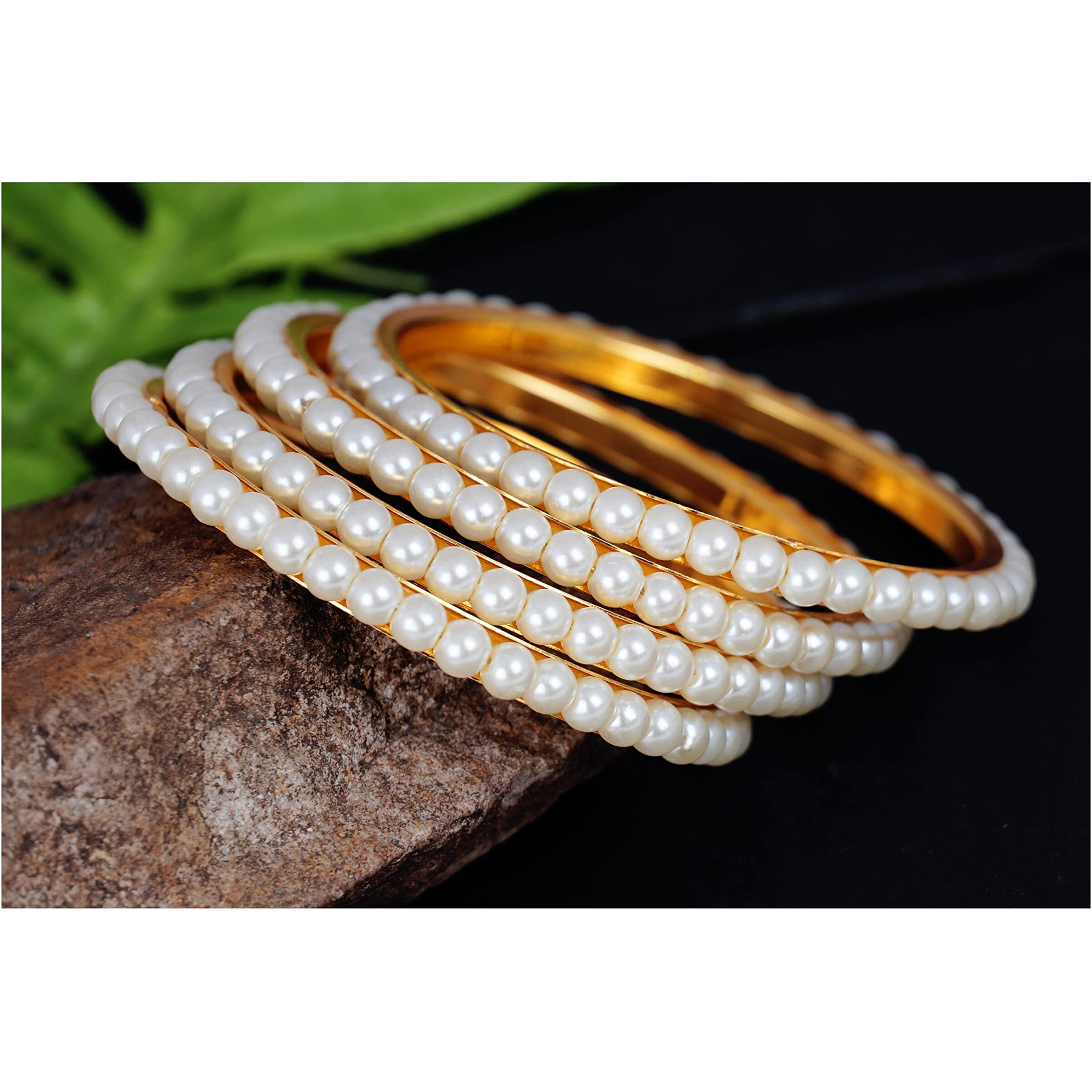 JFL - Jewellery for Less Traditional Ethnic One Gram Gold Plated Pearl Designer Bangle Set for Women.(Set of 4-2.2),Valentine