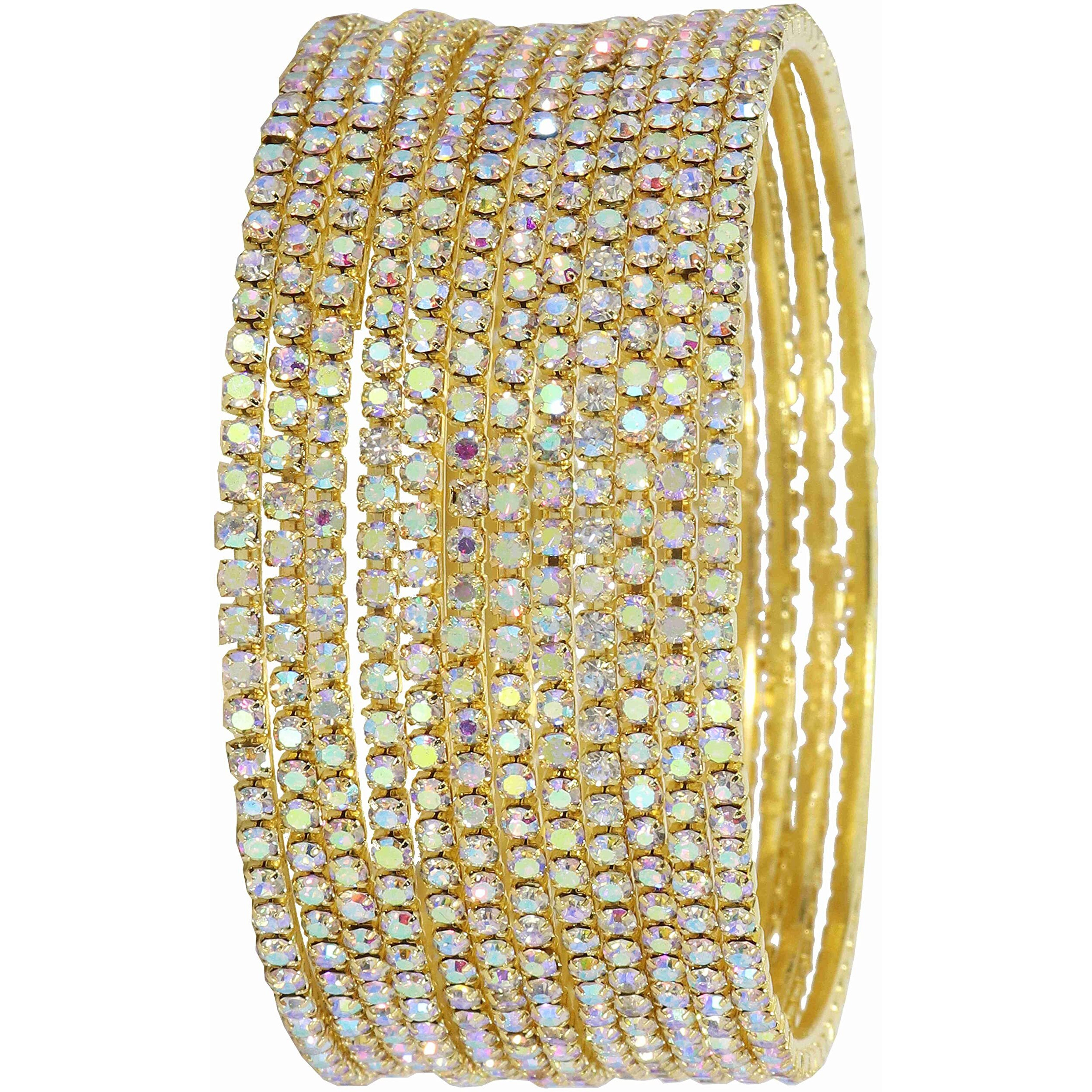 ZULKA Non-Precious Metal with Base Metal and Zircon Gemstone Studded Premium and Traditional Glossy Finished Sleek Bangle set for Women and Girls, (Golden-Rainbow_2.6 Inches), Pack Of 12 Bangles