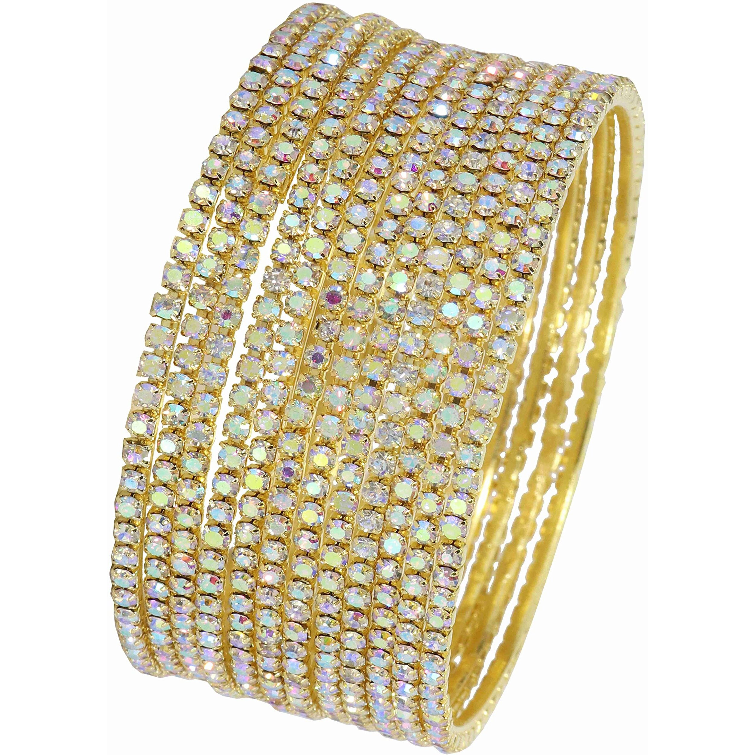 ZULKA Non-Precious Metal with Base Metal and Zircon Gemstone Studded Premium and Traditional Glossy Finished Sleek Bangle set for Women and Girls, (Golden-Rainbow_2.6 Inches), Pack Of 12 Bangles