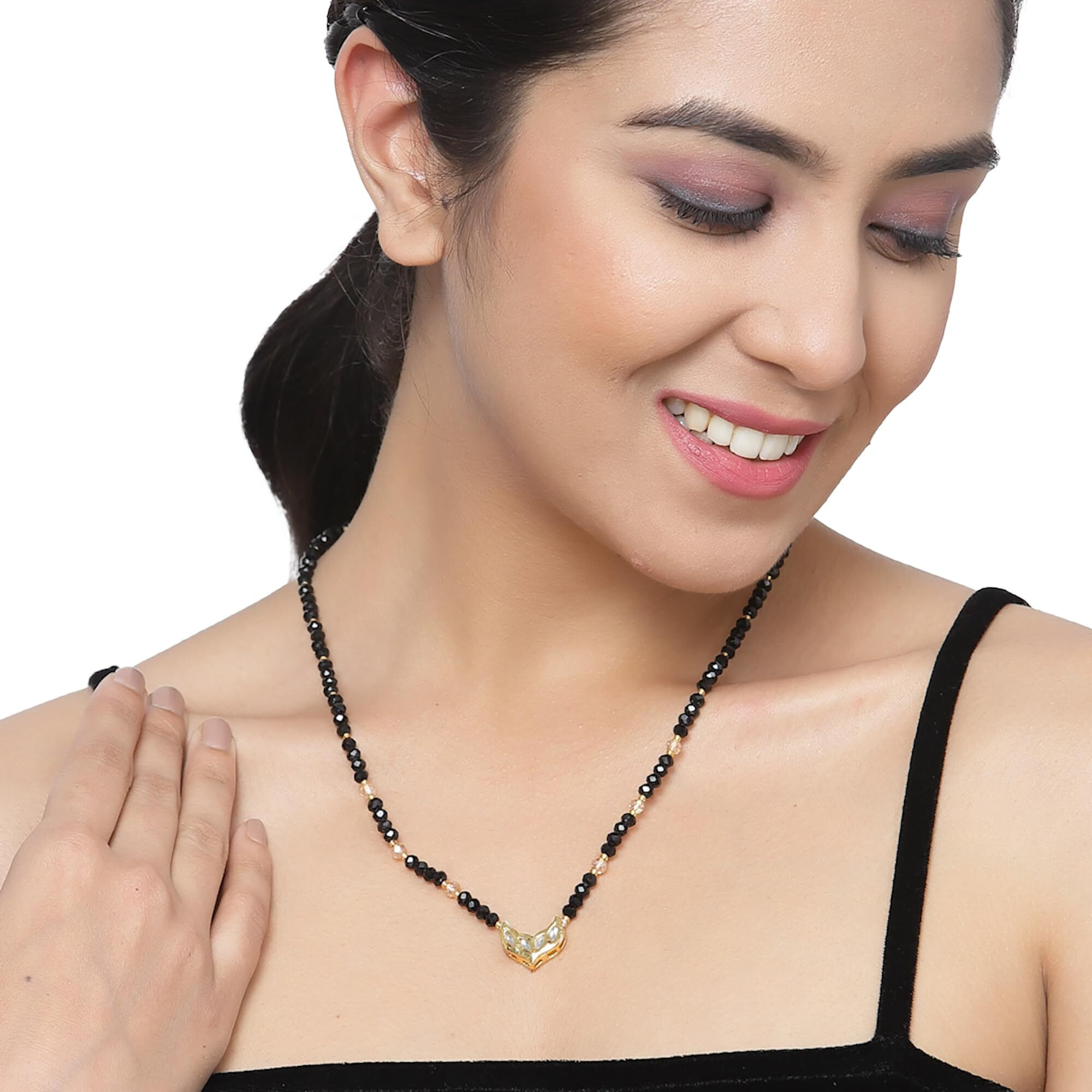 ZENEME Gold-Plated Black & White Artificial Stones Studded & Beads Beaded Locket Mangalsutra For Women (Design 2)