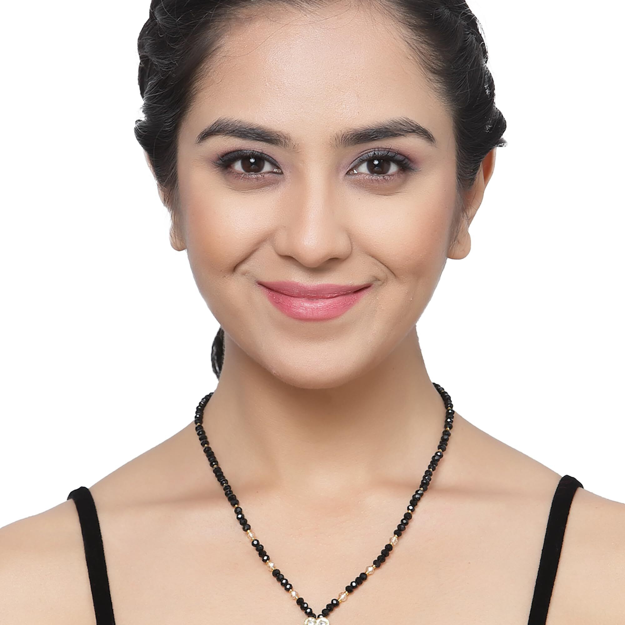 ZENEME Gold-Plated Black & White Artificial Stones Studded & Beads Beaded Locket Mangalsutra For Women (Design 3)
