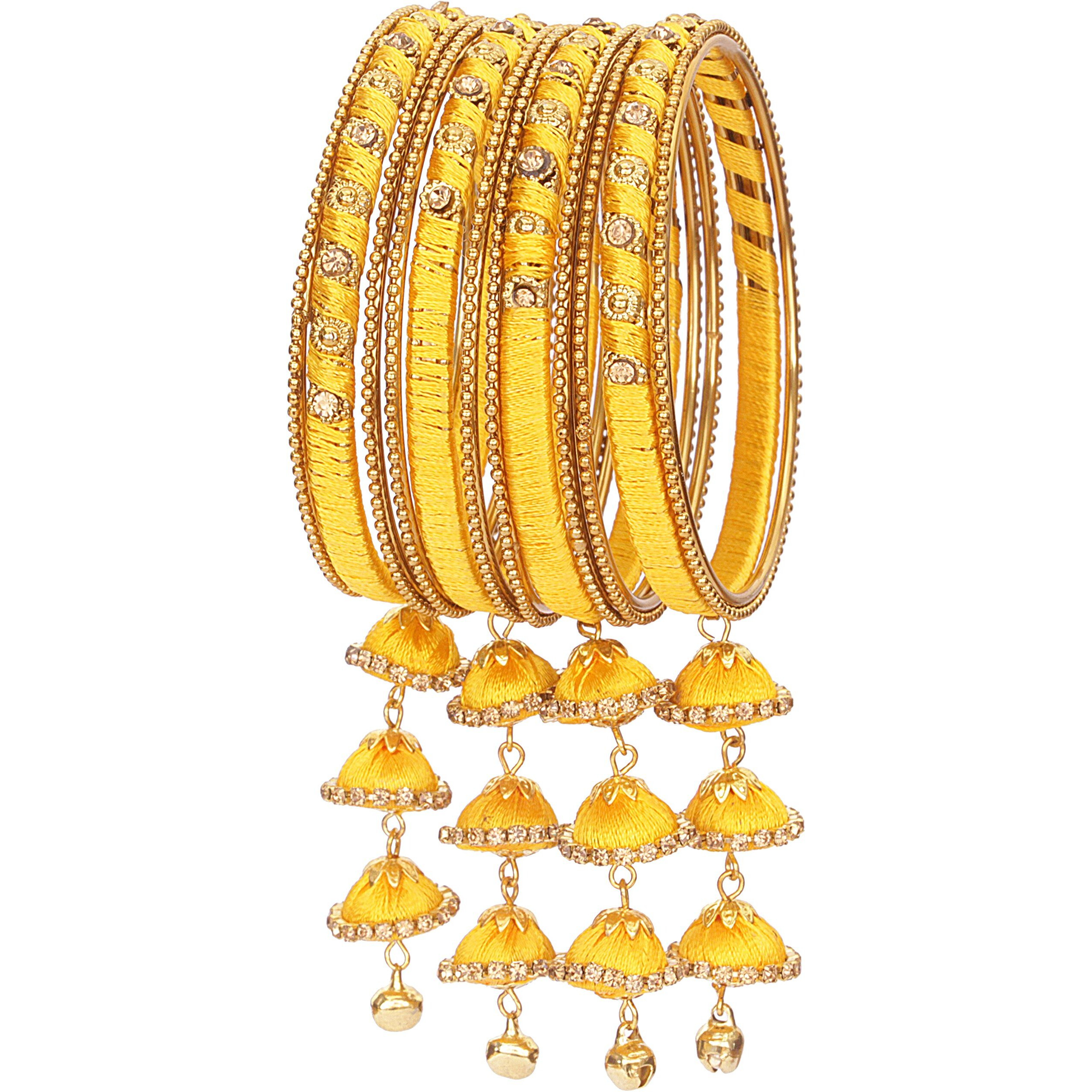 NMII Metal & Silk Thread Jhumka Zircon Latkan Stylish Bangles Set For Womens and Girls | Womens Fancy Latkan Bangles Set | Ethnic Fashion Jewellery- Set of 12 Bangle, (G405_Yellow-2.6)