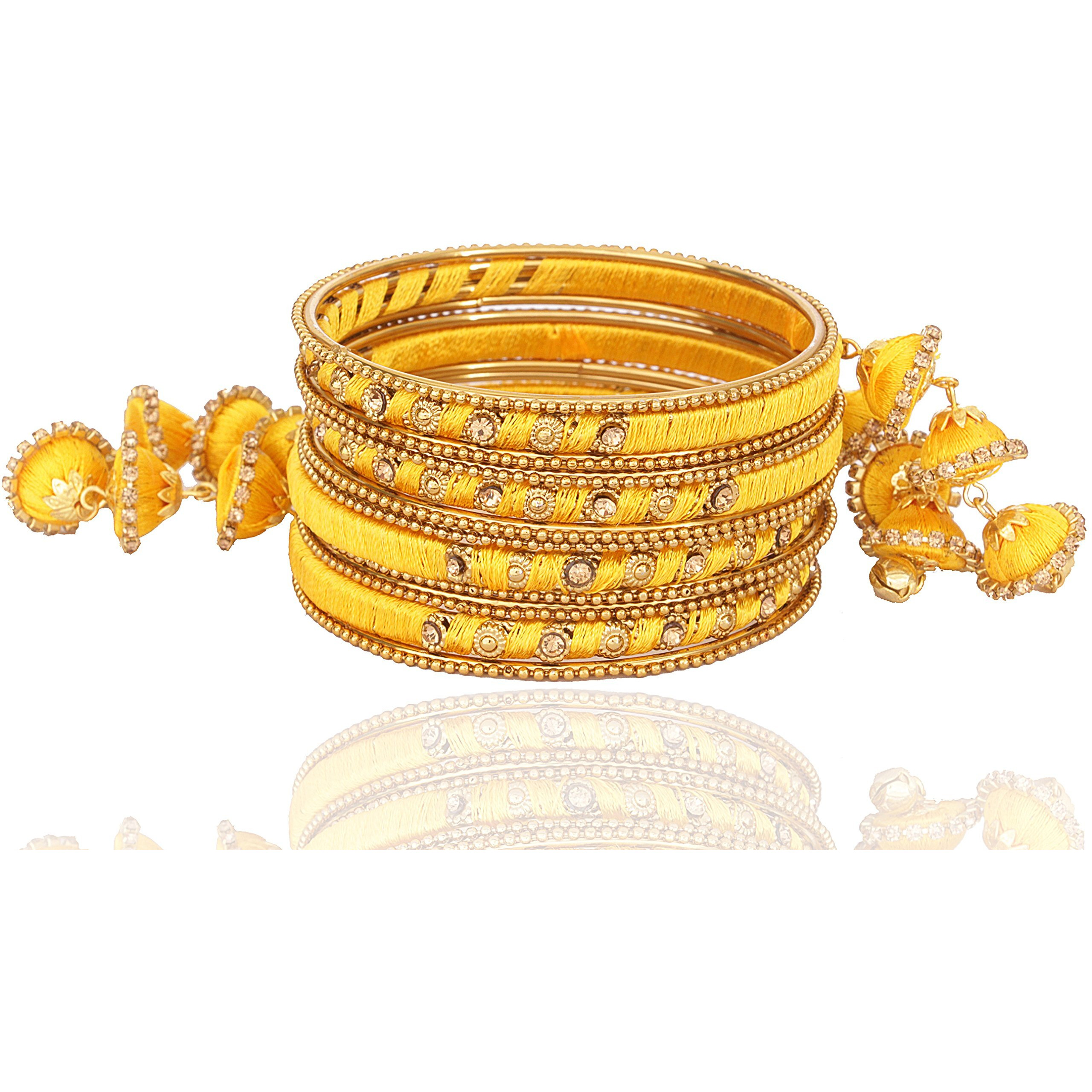 NMII Metal & Silk Thread Jhumka Zircon Latkan Stylish Bangles Set For Womens and Girls | Womens Fancy Latkan Bangles Set | Ethnic Fashion Jewellery- Set of 12 Bangle, (G405_Yellow-2.6)