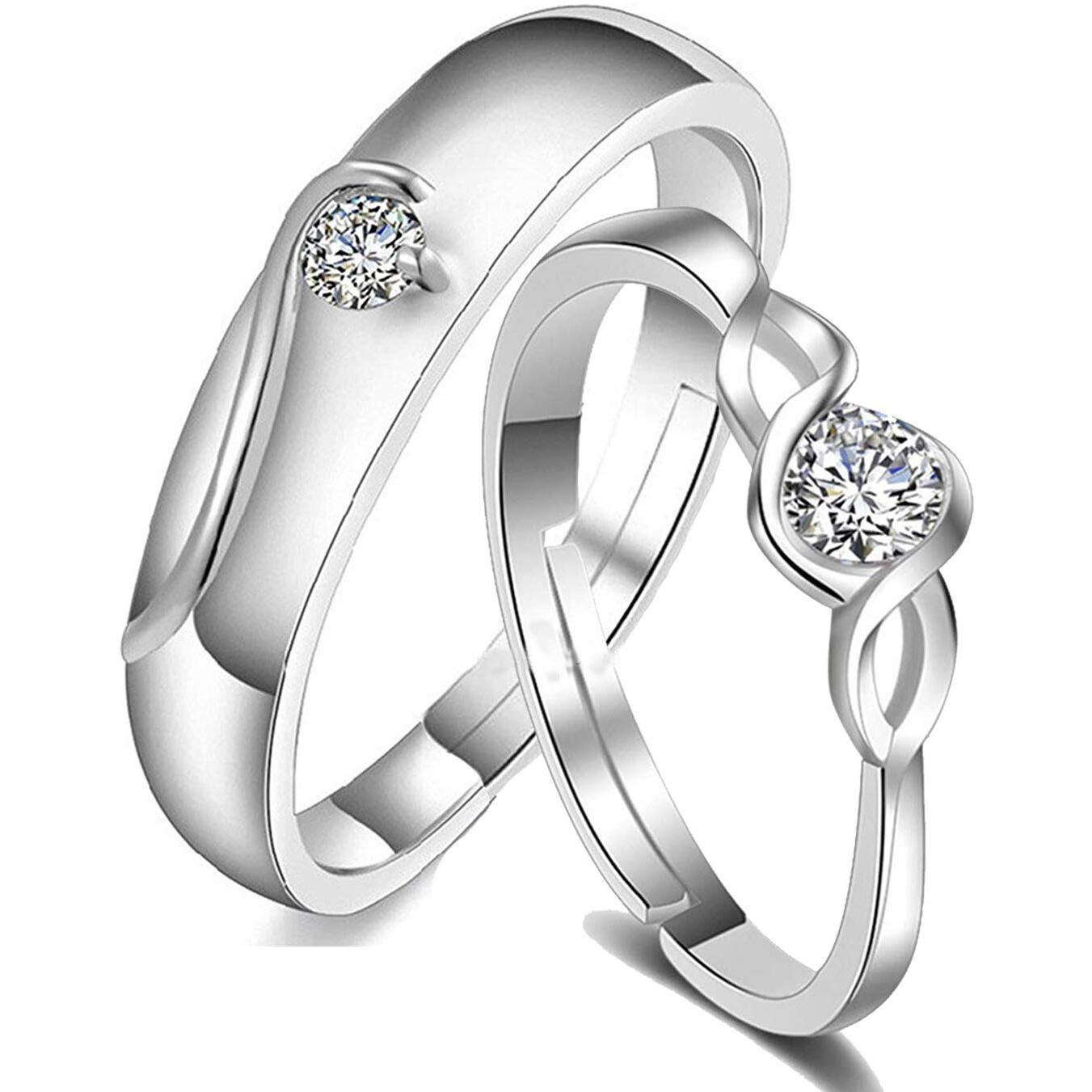 karatcart Platinum Plated Elegant Silver Crystal Couple Adjustable Solitaire Ring for Men and Women
