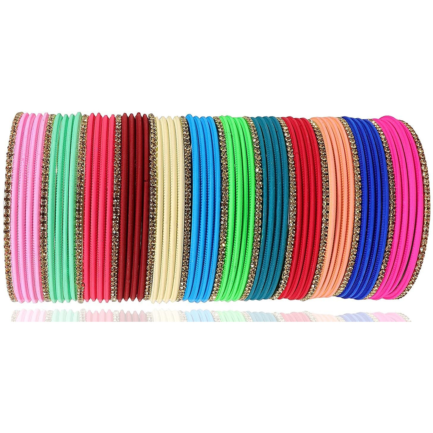 NMII Non-Precious Metal with Base Metal and Studded with Zircon Gemstone Matte Finished Bangle set For Women and Girls, (Multicolour-Design-4 2.4_Inches), Pack Of 61 Bangles