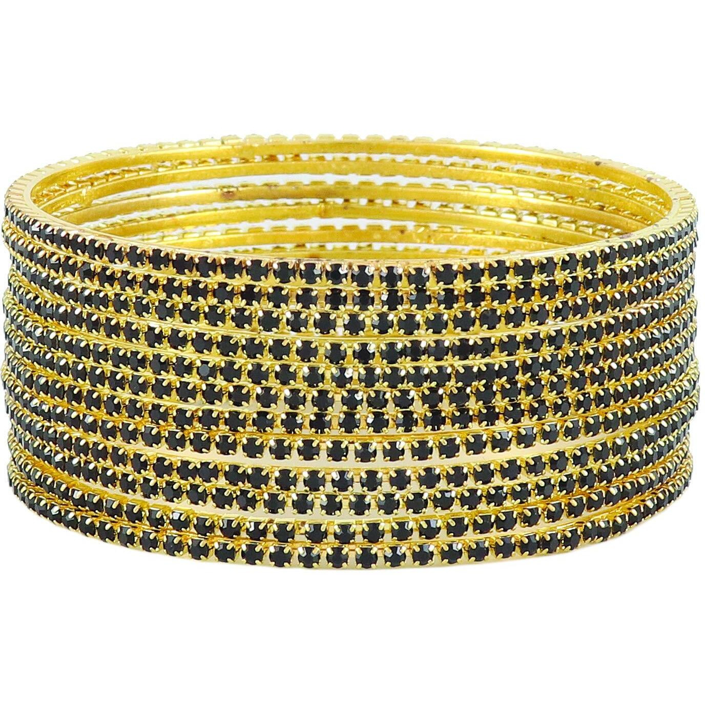 ZULKA Non-Precious Metal Base Metal with Zircon Gemstone Studded worked Glossy Finished Bangle Set For Women and Girls, (Black_2.6 Inches), Pack Of 12 Bangle Set