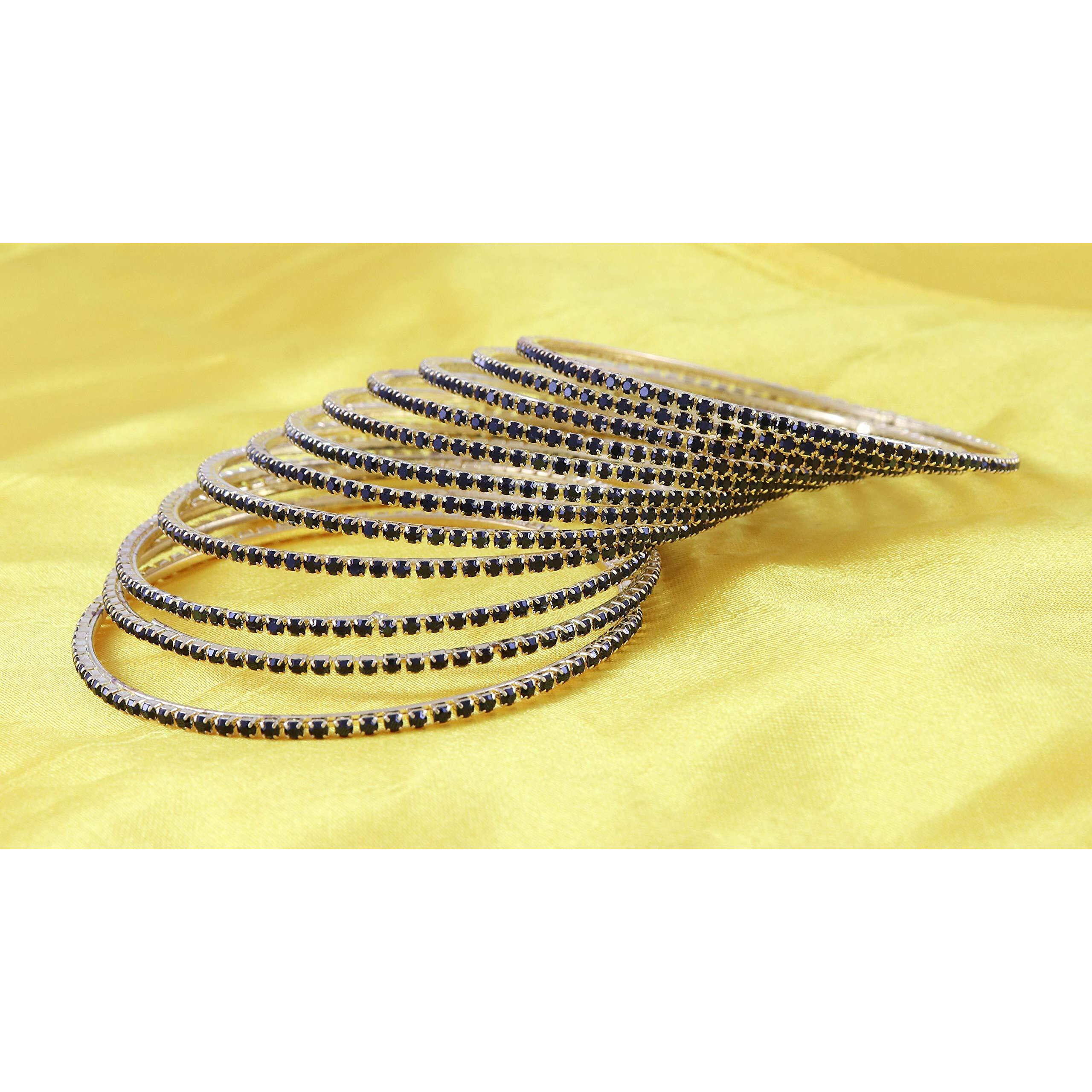 ZULKA Non-Precious Metal Base Metal with Zircon Gemstone Studded worked Glossy Finished Bangle Set For Women and Girls, (Black_2.6 Inches), Pack Of 12 Bangle Set