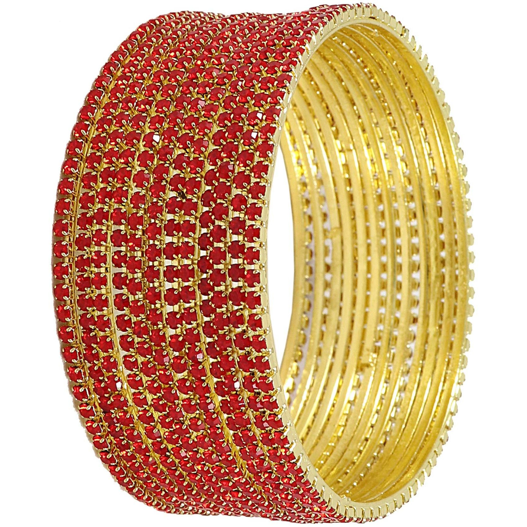 ZULKA Non-Precious Metal Base Metal with Zircon Gemstone Studded worked Glossy Finished Bangle Set For Women and Girls, (Red_2.2 Inches), Pack Of 12 Bangle Set
