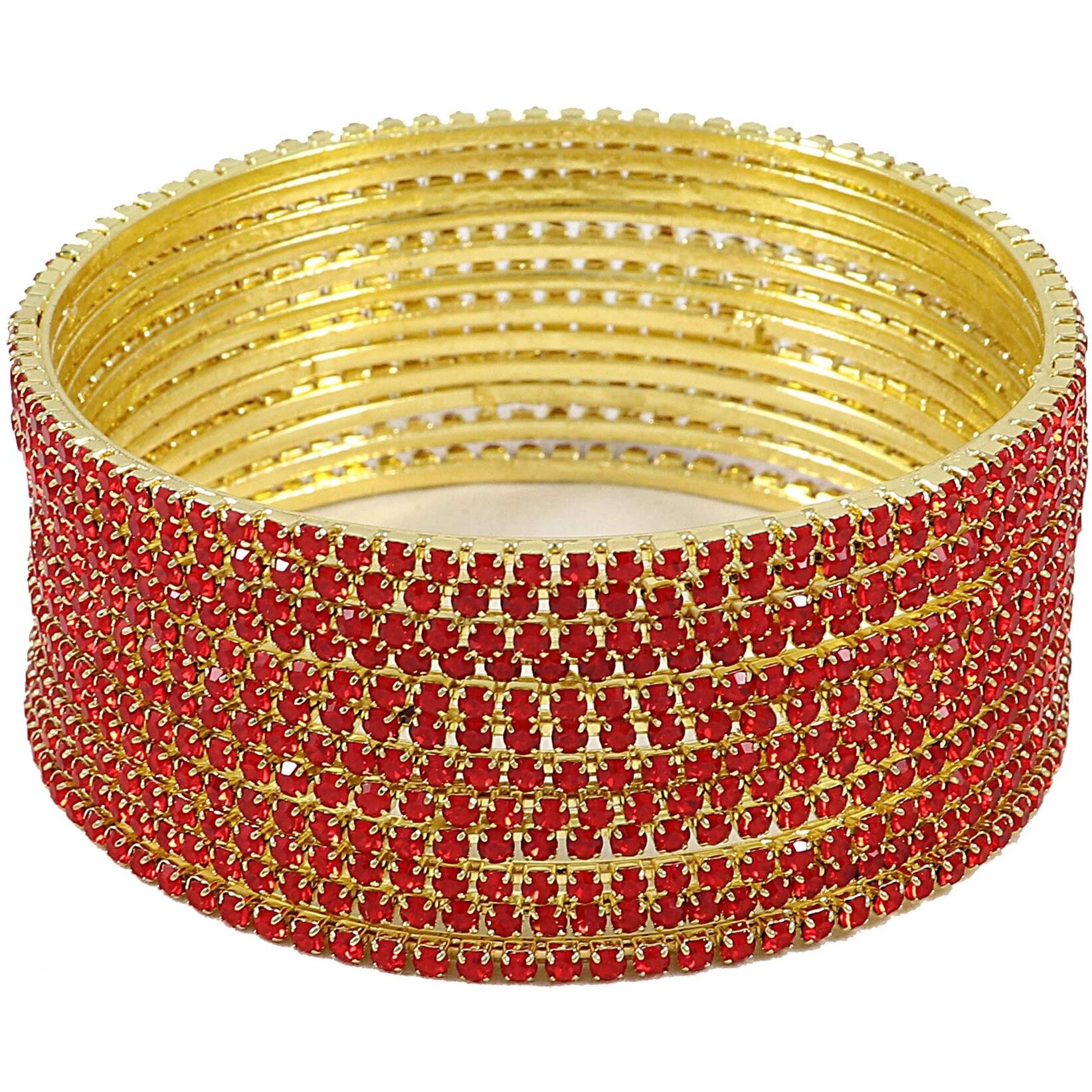 ZULKA Non-Precious Metal Base Metal with Zircon Gemstone Studded worked Glossy Finished Bangle Set For Women and Girls, (Red_2.2 Inches), Pack Of 12 Bangle Set