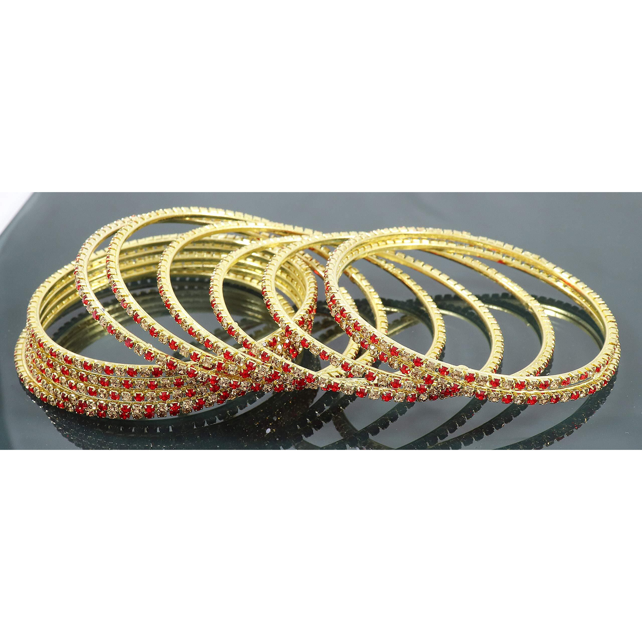 ZULKA Non-Precious Metal Base Metal with Zircon Gemstone Studded worked Glossy Finished Bangle Set For Women and Girls, (Red_2.2 Inches), Pack Of 12 Bangle Set