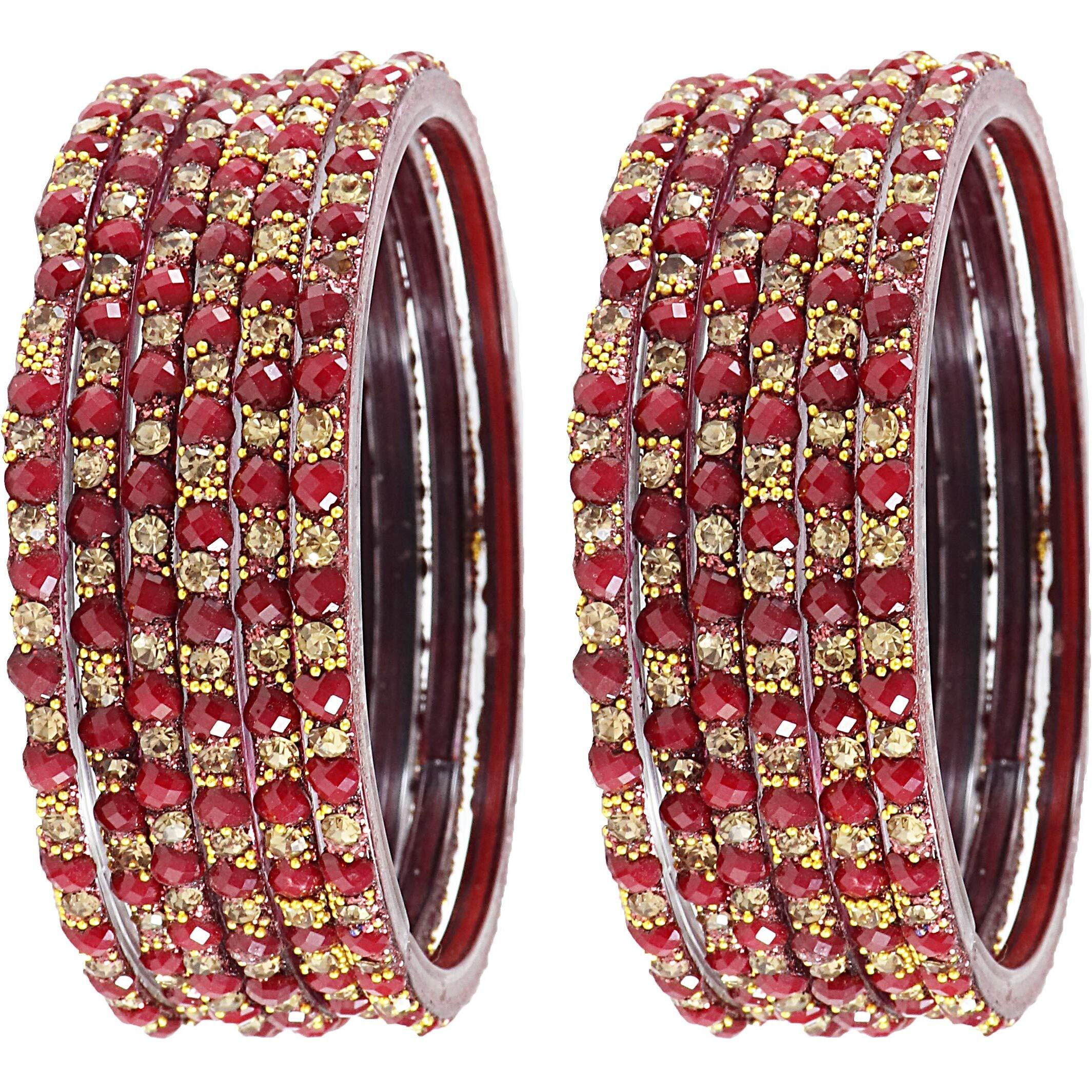 NMII Glass With Heart Shape Beads Design and Zircon Gemstone Studded Worked Bangles Set For Women and Girls,(Maroon_2.8 Inches), Pack Of 12 Bangles Set