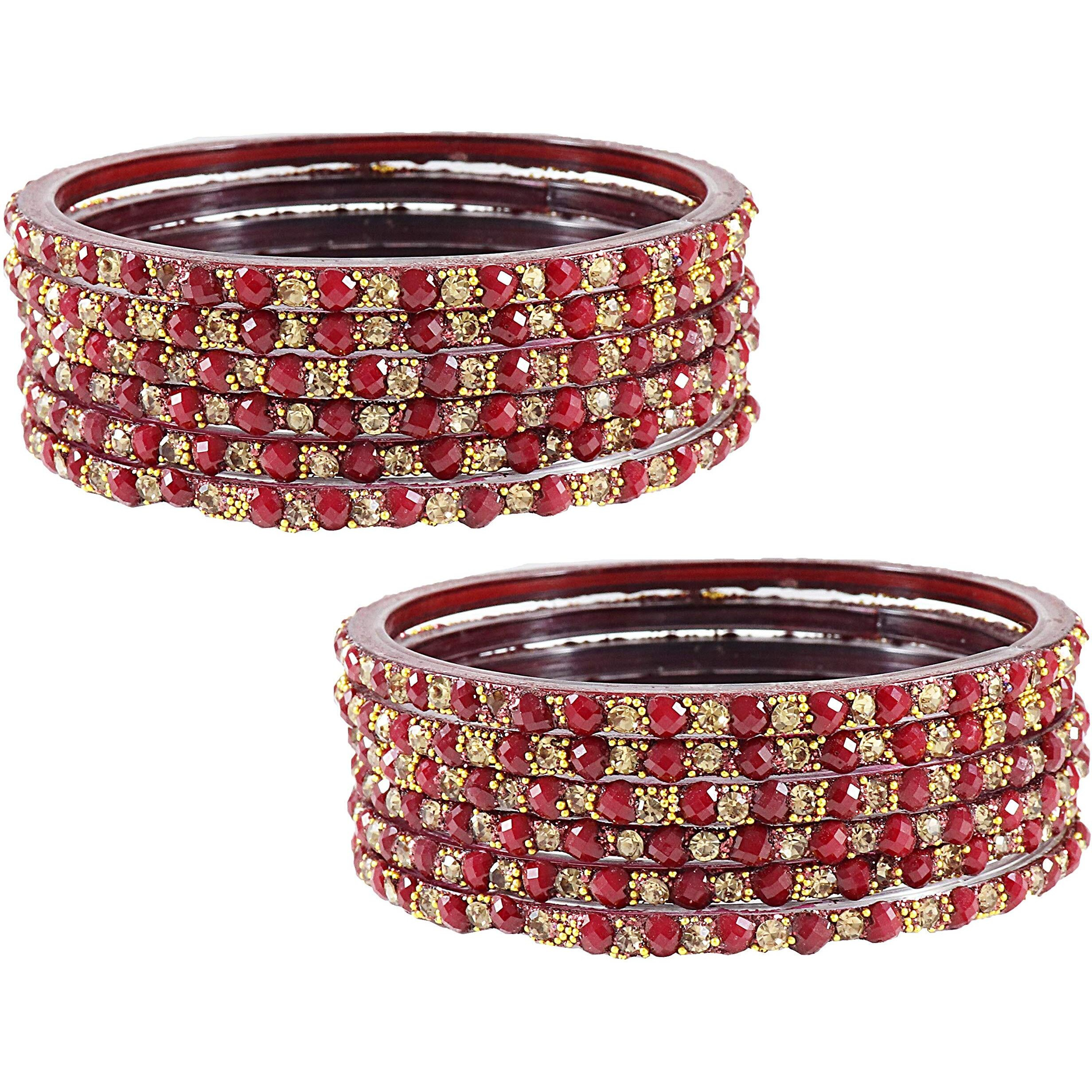 NMII Glass With Heart Shape Beads Design and Zircon Gemstone Studded Worked Bangles Set For Women and Girls,(Maroon_2.8 Inches), Pack Of 12 Bangles Set