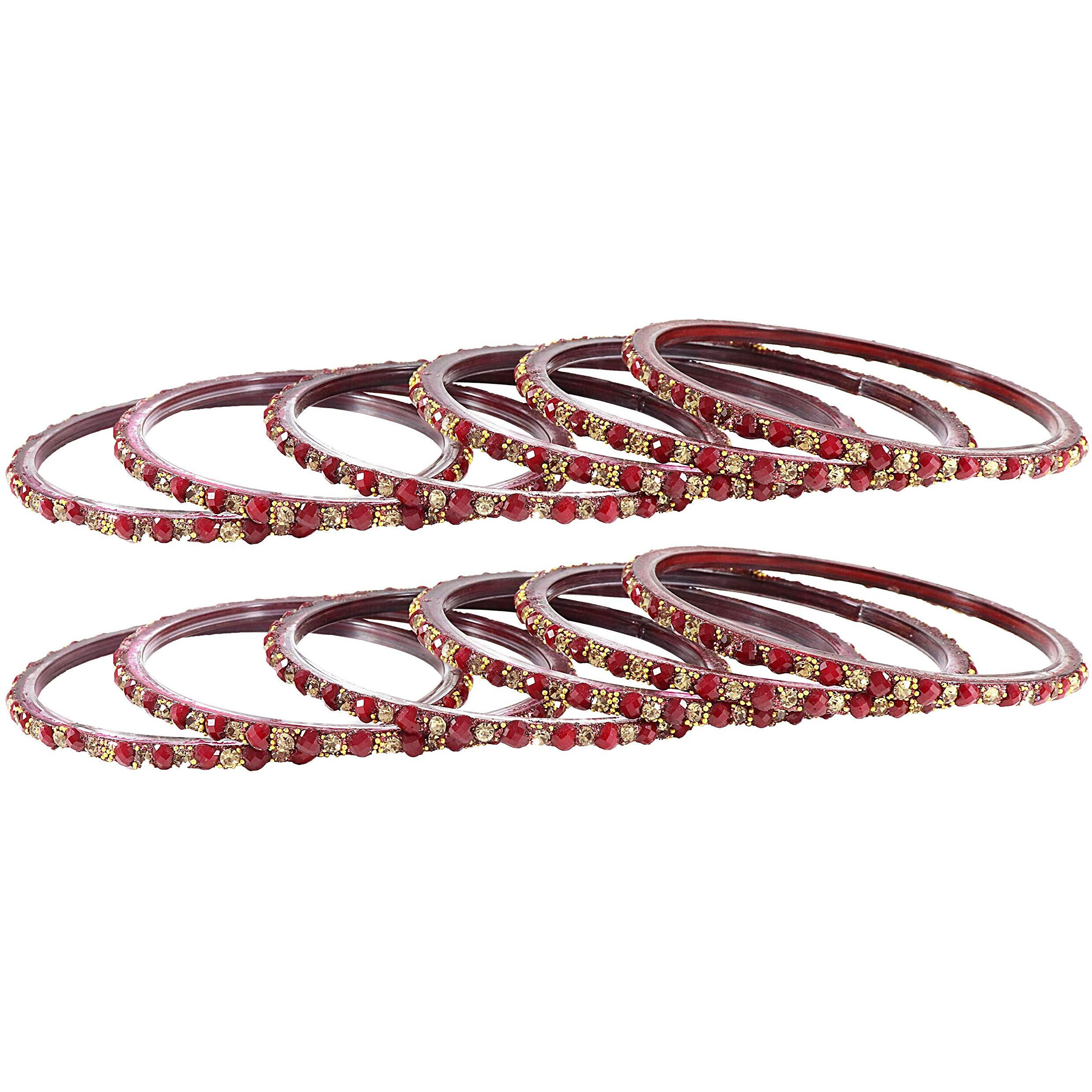 NMII Glass With Heart Shape Beads Design and Zircon Gemstone Studded Worked Bangles Set For Women and Girls,(Maroon_2.8 Inches), Pack Of 12 Bangles Set