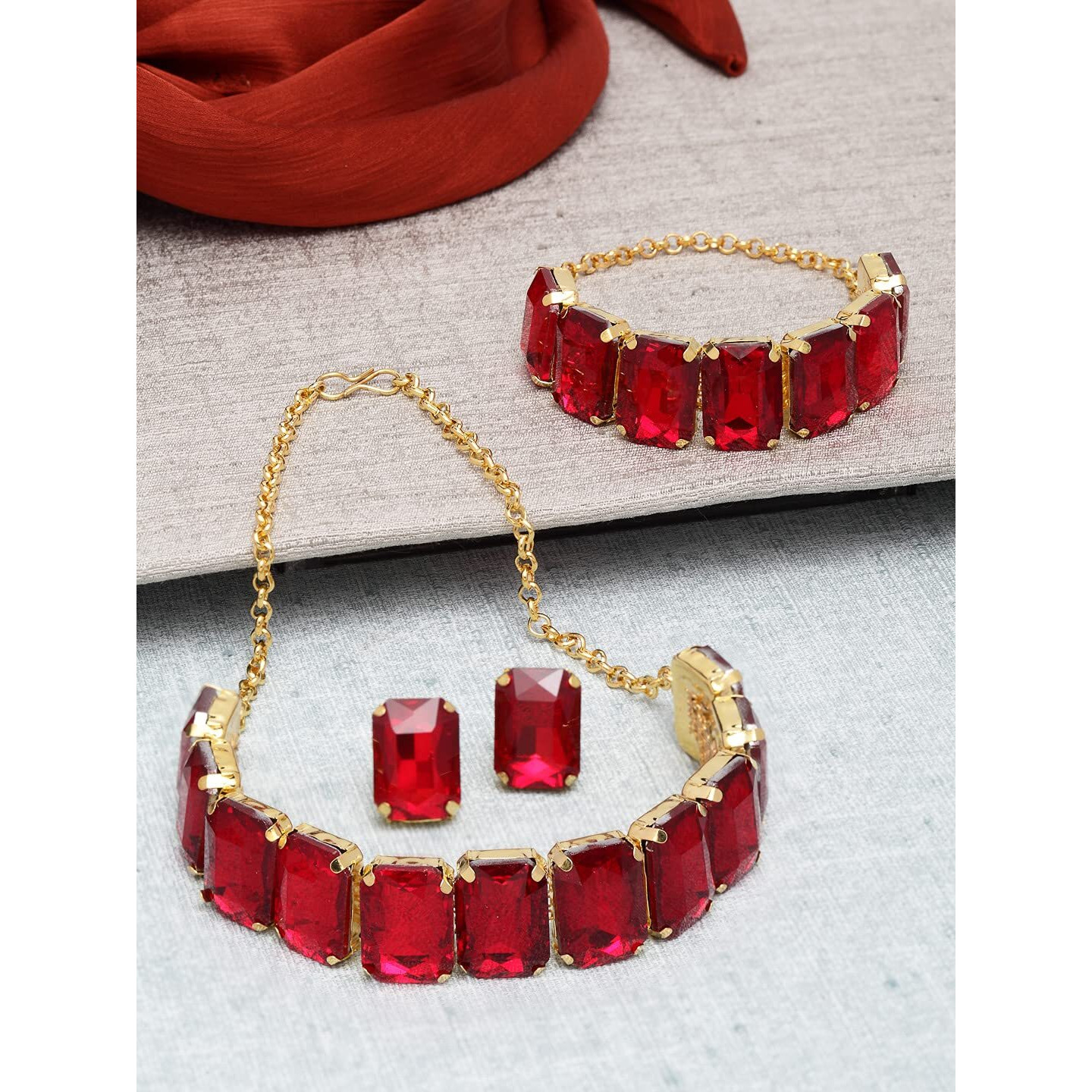 Shining Diva Fashion Latest Choker Design Stylish Traditional Crystal Bracelet Earrings Necklace Jewellery Set for Women (12439s), style09, one