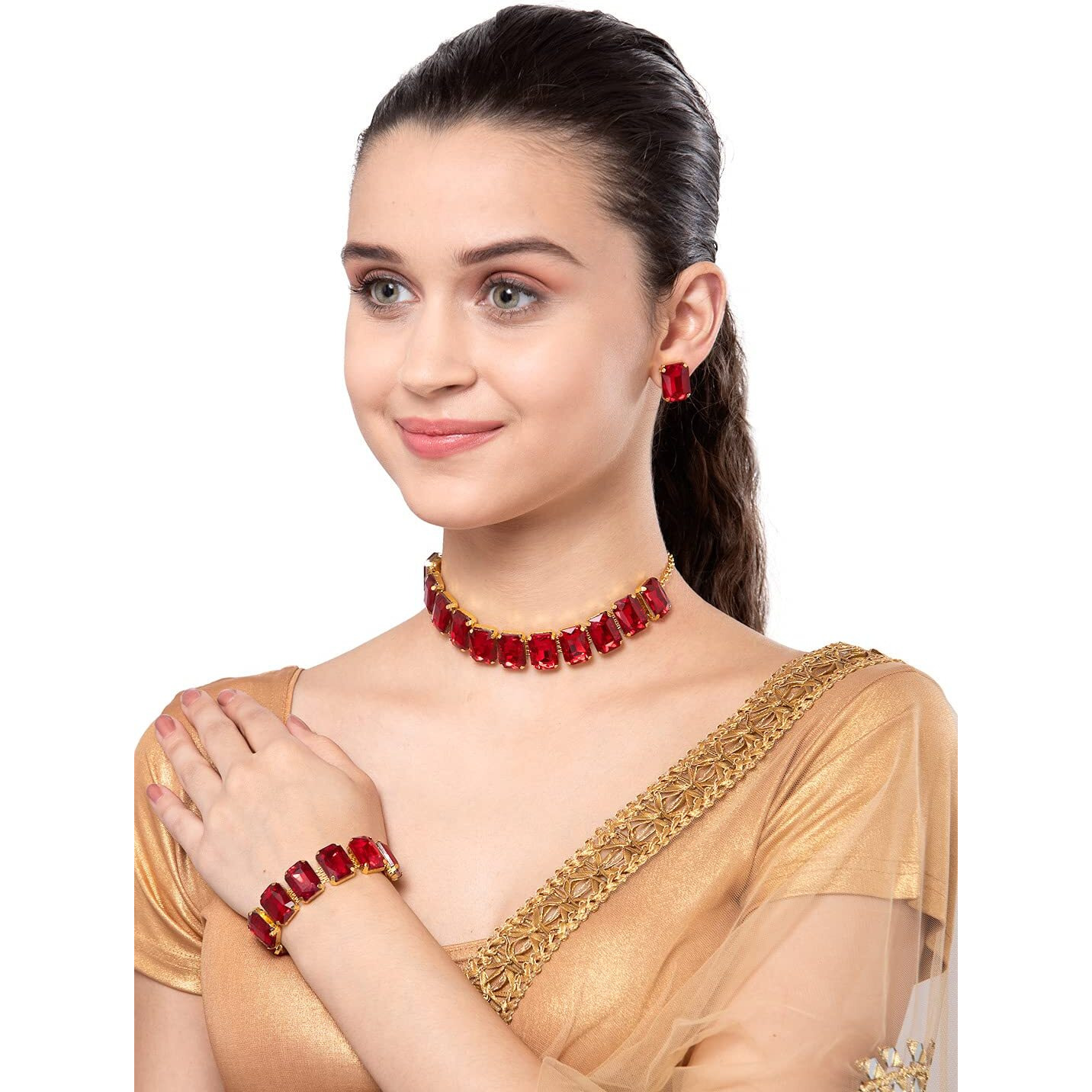 Shining Diva Fashion Latest Choker Design Stylish Traditional Crystal Bracelet Earrings Necklace Jewellery Set for Women (12439s), style09, one