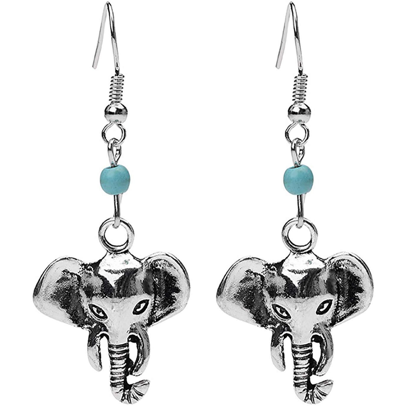 Young & Forever Gift Oxidised Silver Black Metal Brass and Turquoise Magnesite Stone Hanging Good Luck Elephant Face Fancy Drop Earrings for Women/Girls (Blue)