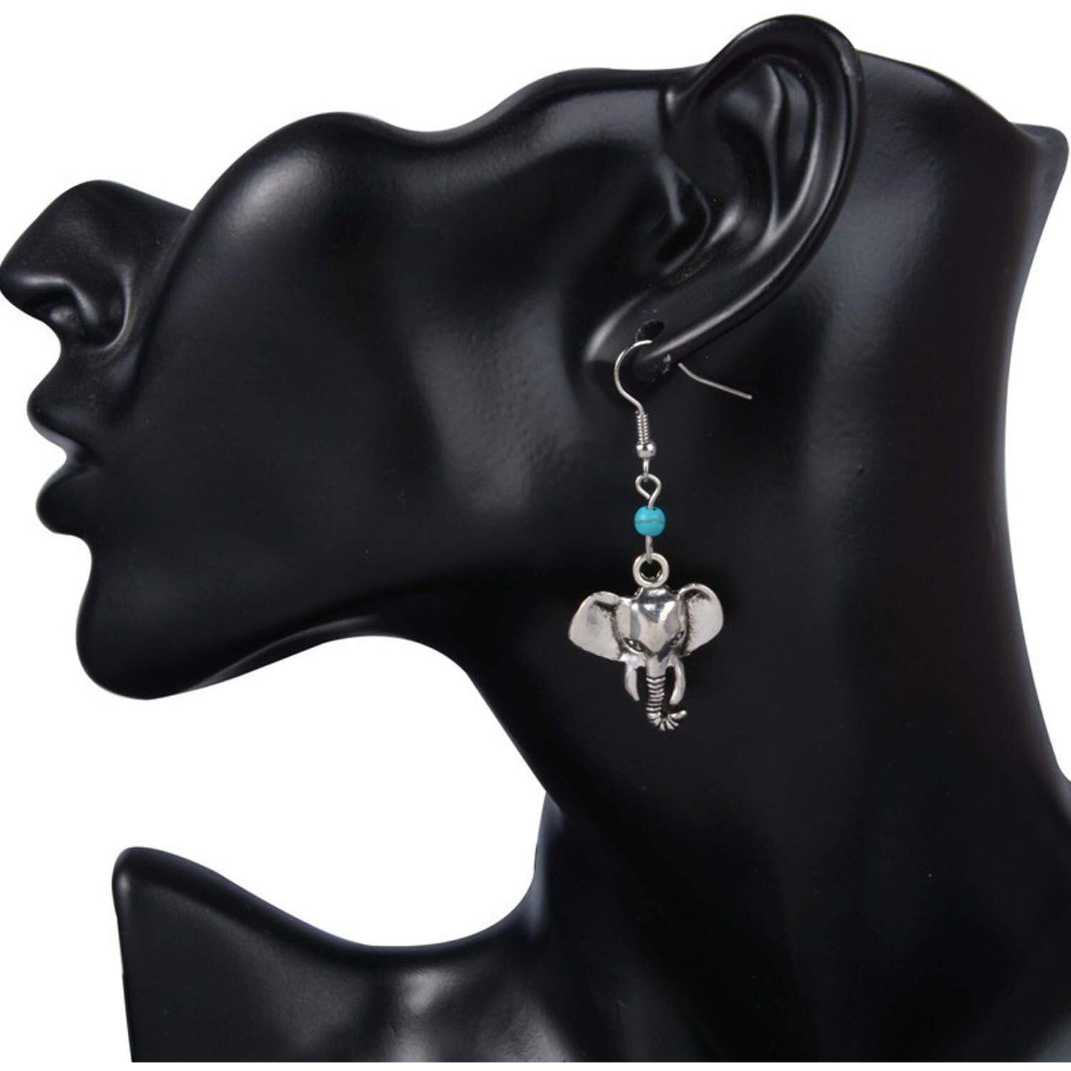 Young & Forever Gift Oxidised Silver Black Metal Brass and Turquoise Magnesite Stone Hanging Good Luck Elephant Face Fancy Drop Earrings for Women/Girls (Blue)