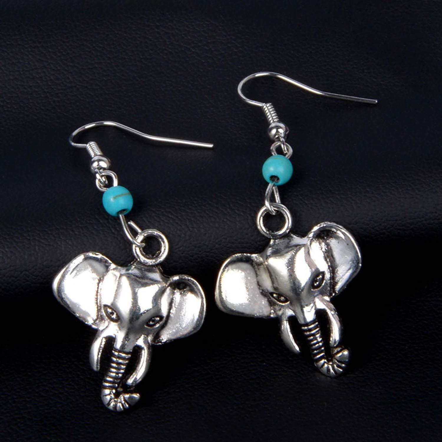 Young & Forever Gift Oxidised Silver Black Metal Brass and Turquoise Magnesite Stone Hanging Good Luck Elephant Face Fancy Drop Earrings for Women/Girls (Blue)