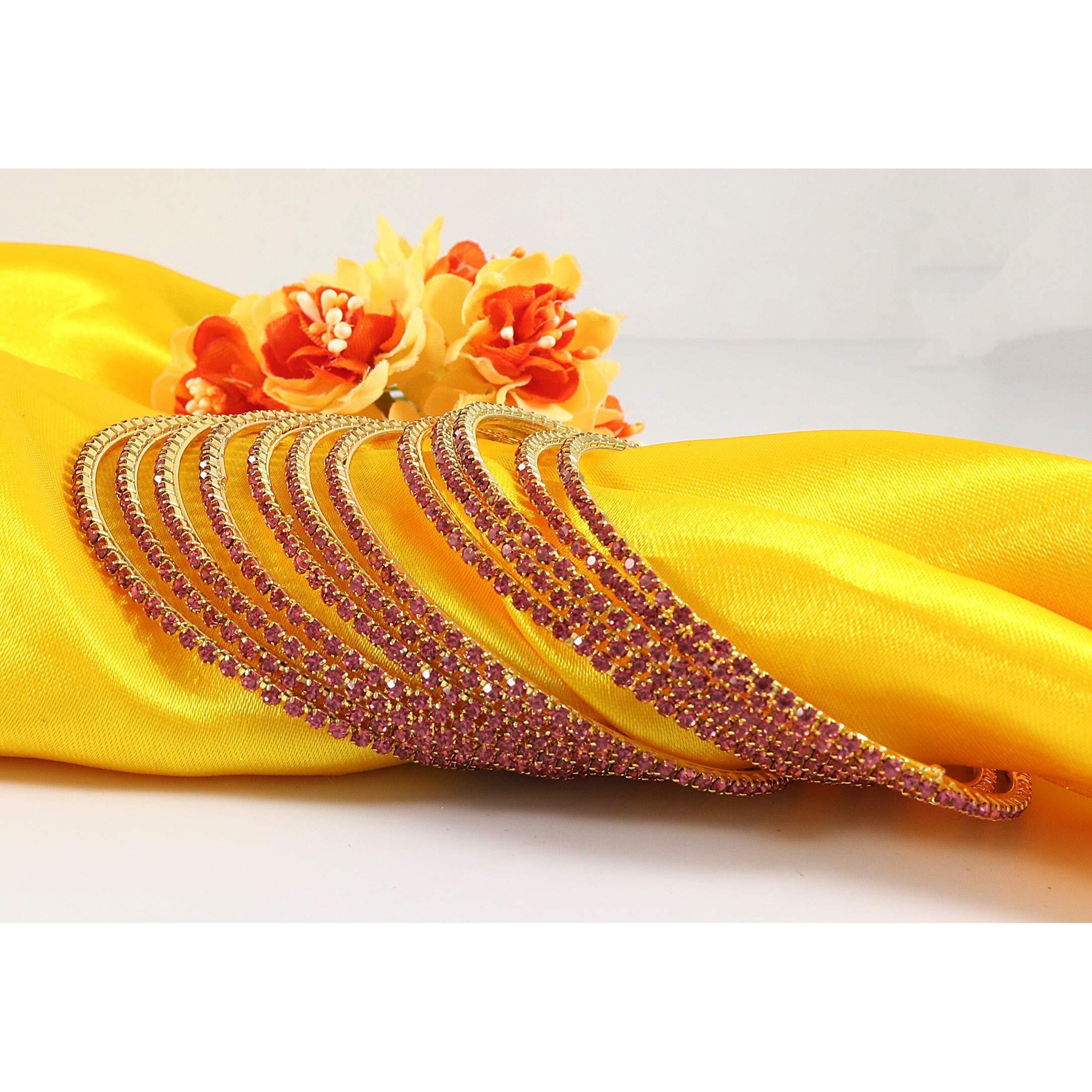 ZULKA Non-Precious Metal Base Metal with Zircon Gemstone Studded worked Glossy Finished Bangle Set For Women and Girls, (Pink_2.6 Inches), Pack Of 12 Bangle Set