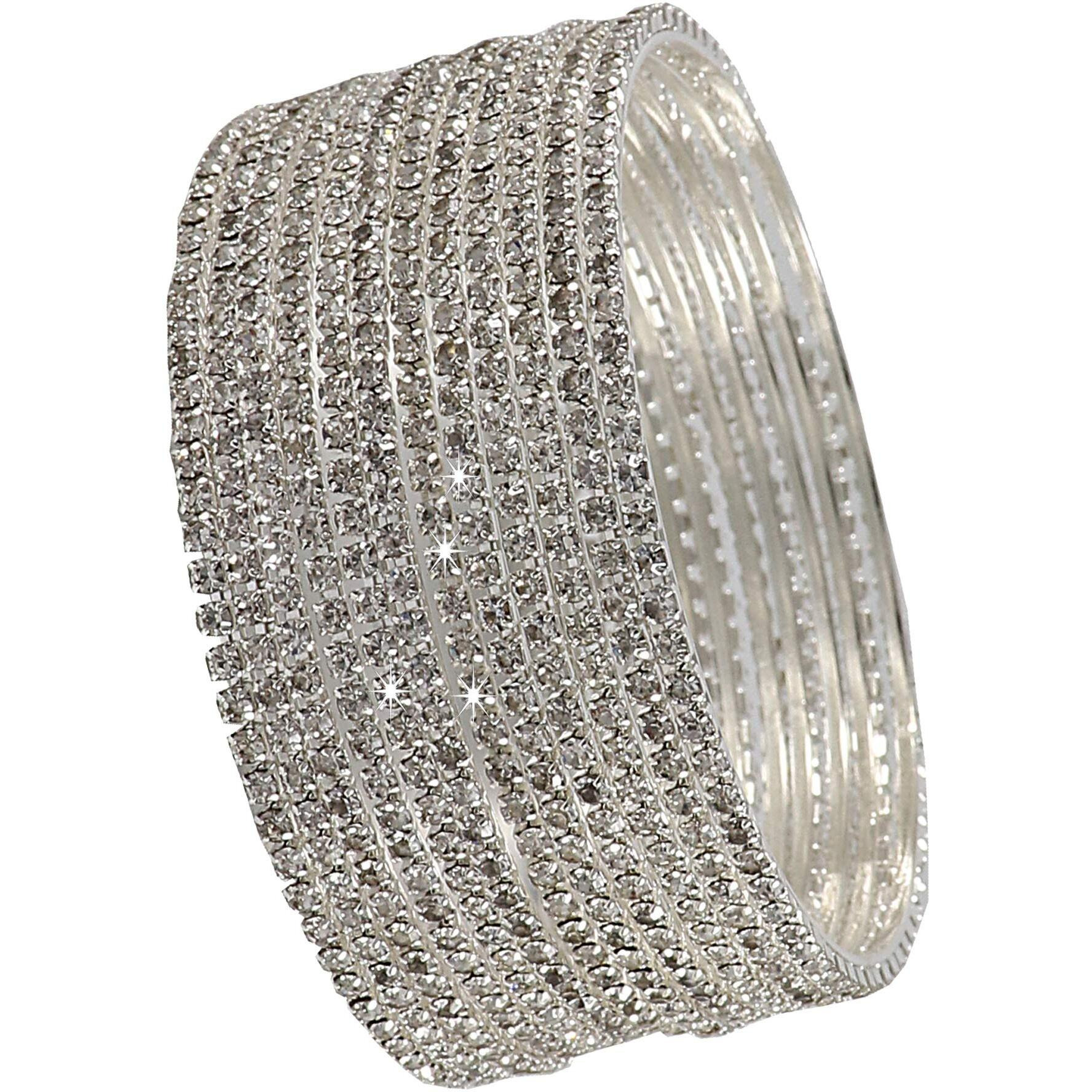 ZULKA Non-Precious Metal Base Metal with Zircon Gemstone Studded worked Glossy Finished Bangle Set For Women and Girls, (Silver_2.2 Inches), Pack Of 12 Bangle Set