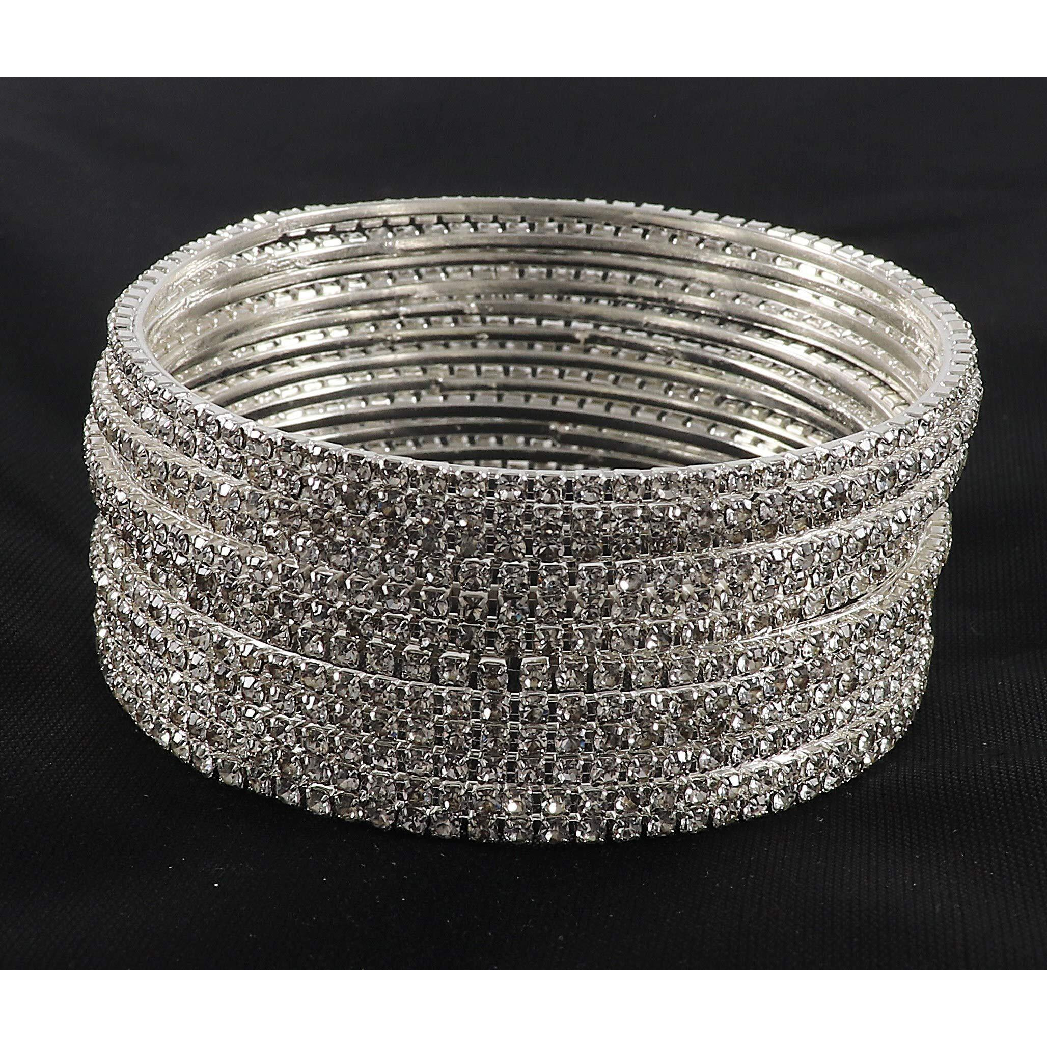 ZULKA Non-Precious Metal Base Metal with Zircon Gemstone Studded worked Glossy Finished Bangle Set For Women and Girls, (Silver_2.2 Inches), Pack Of 12 Bangle Set