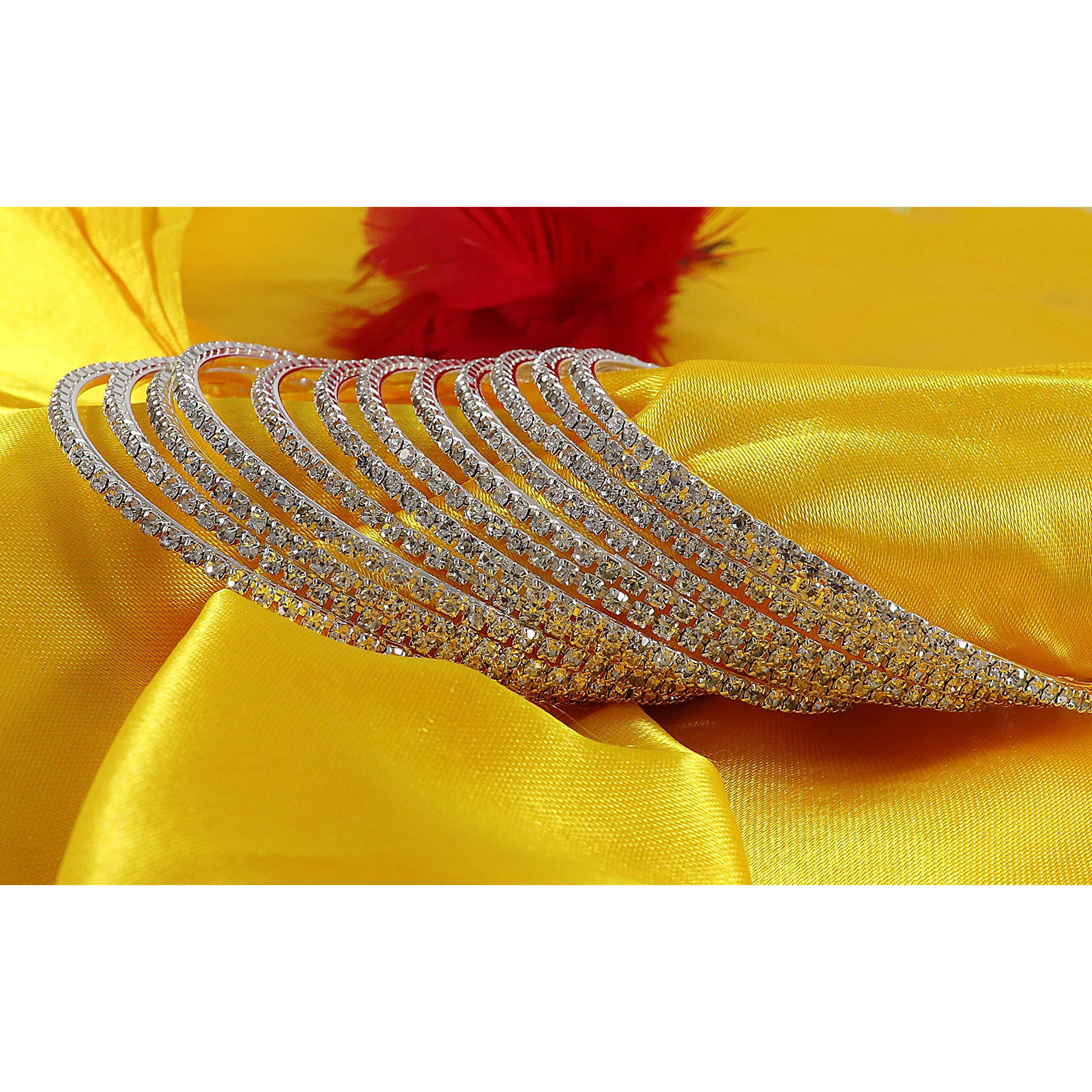 ZULKA Non-Precious Metal Base Metal with Zircon Gemstone Studded worked Glossy Finished Bangle Set For Women and Girls, (Silver_2.2 Inches), Pack Of 12 Bangle Set