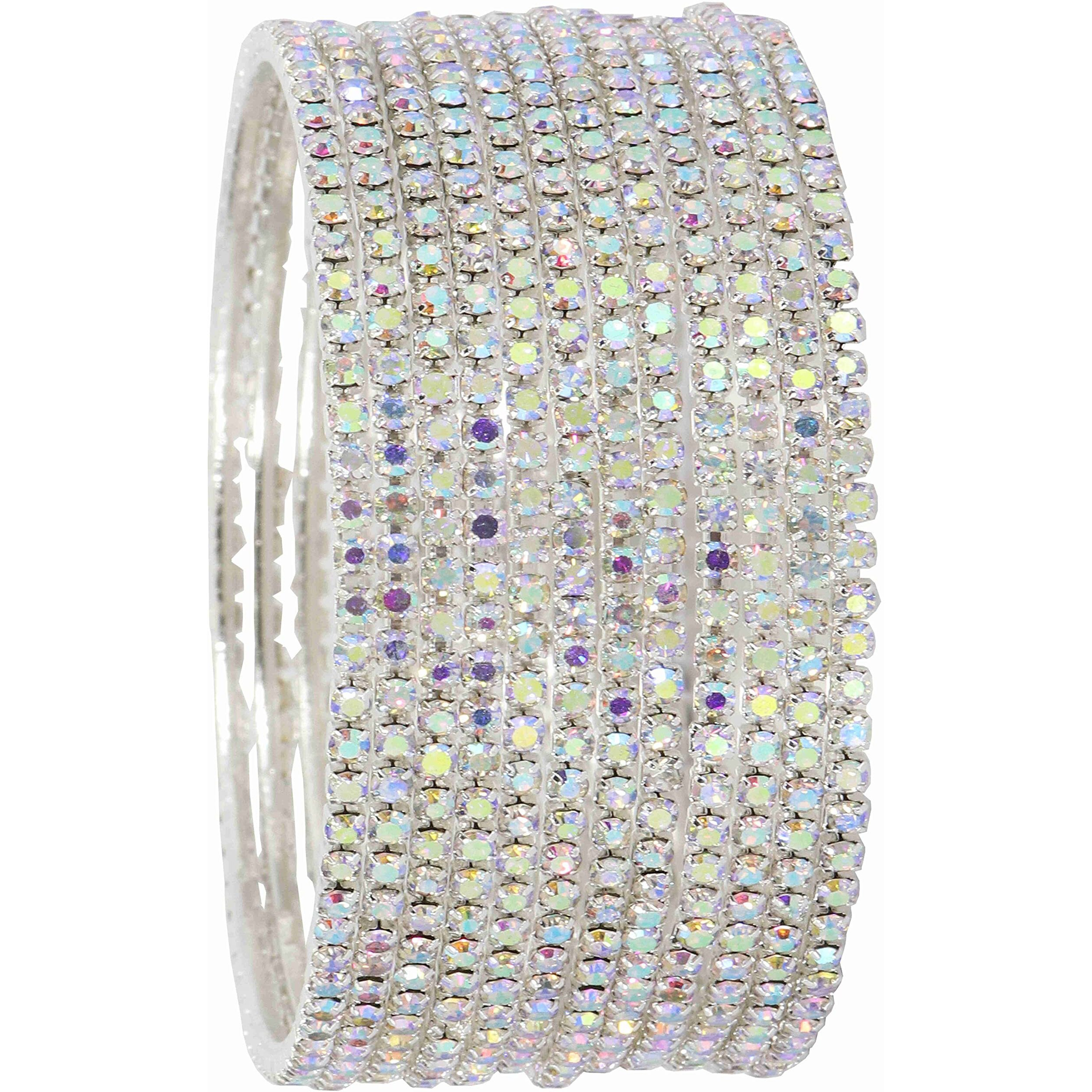 ZULKA Non-Precious Metal with Base Metal and Zircon Gemstone Studded Premium and Traditional Glossy Finished Sleek Bangle set for Women and Girls, (Silver-Rainbow_2.6 Inches), Pack Of 12 Bangles