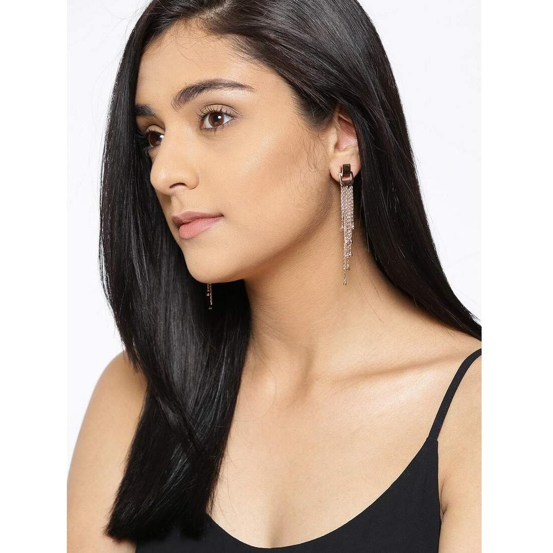 Jewels Galaxy Exclusive Luxuria Edition Delicate AAA Swiss CZ 18k Rose Gold Plated Mesmerizing Long Chain Drop Earrings For Women/Girls (FMYN-ERG-9553)