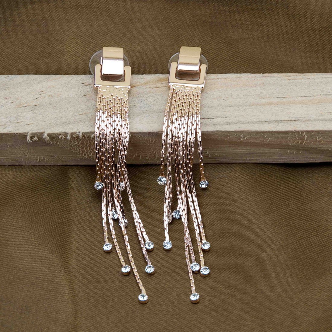 Jewels Galaxy Exclusive Luxuria Edition Delicate AAA Swiss CZ 18k Rose Gold Plated Mesmerizing Long Chain Drop Earrings For Women/Girls (FMYN-ERG-9553)