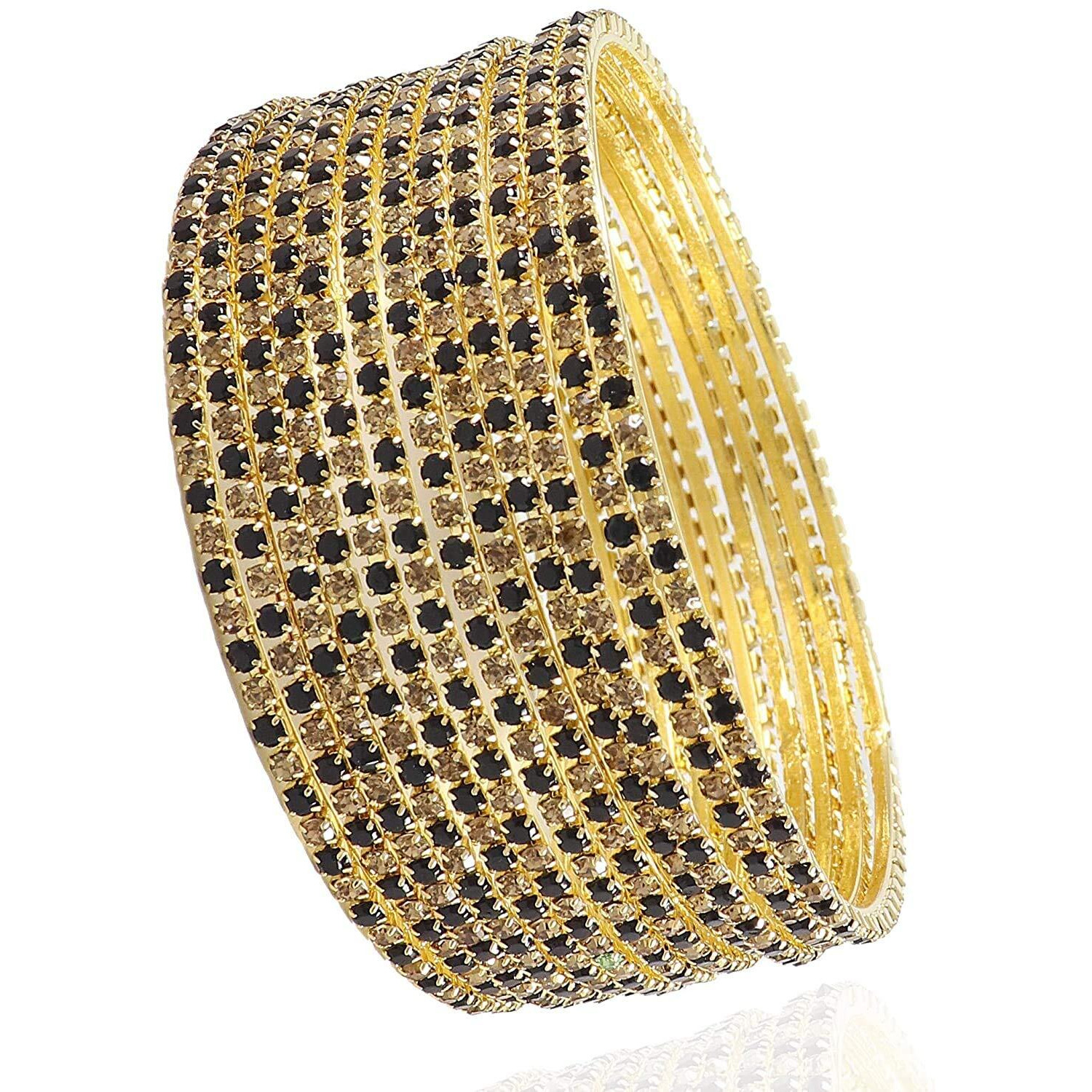 ZULKA Non-Precious Metal Base Metal with Zircon Gemstone Studded worked Glossy Finished Bangle Set For Women and Girls, (Black-Golden_2.2 Inches), Pack Of 12 Bangle Set
