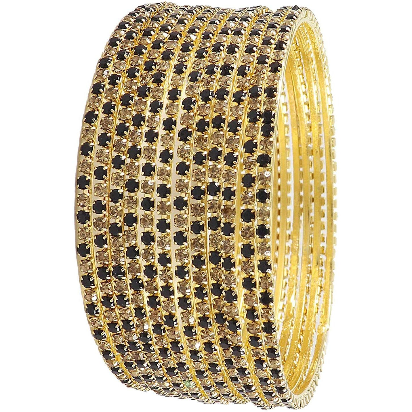 ZULKA Non-Precious Metal Base Metal with Zircon Gemstone Studded worked Glossy Finished Bangle Set For Women and Girls, (Black-Golden_2.4 Inches), Pack Of 12 Bangle Set