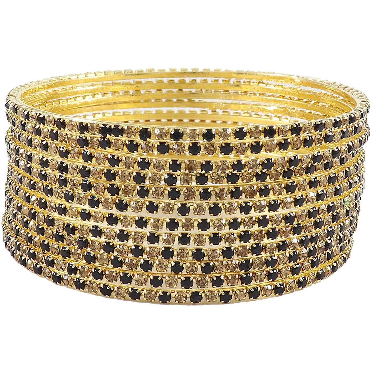 ZULKA Non-Precious Metal Base Metal with Zircon Gemstone Studded worked Glossy Finished Bangle Set For Women and Girls, (Black-Golden_2.4 Inches), Pack Of 12 Bangle Set