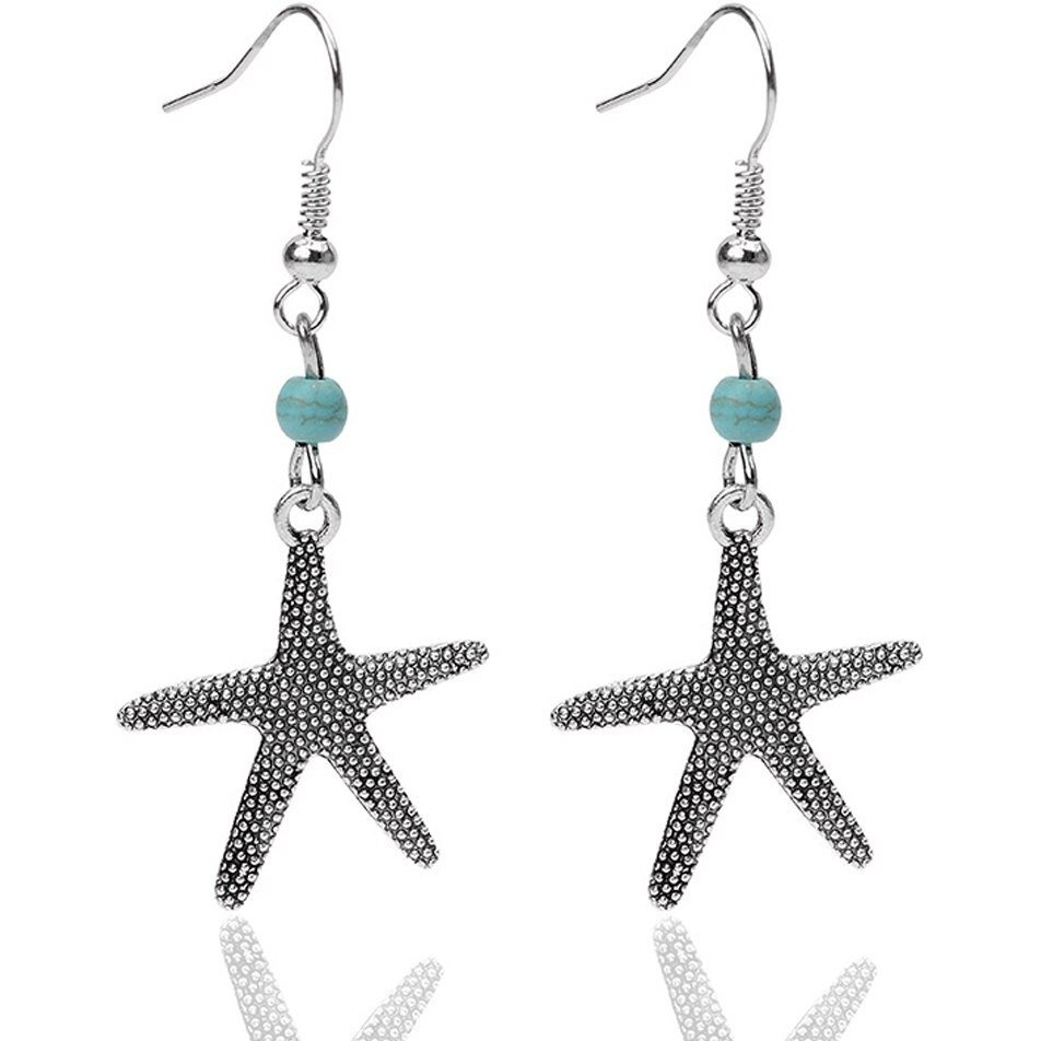 Young & Forever Gift Oxidised Silver Black Metal Brass and Turquoise Magnesite Stone Hanging Starfish Shape Fancy Drop Earrings for Women/Girls (Blue)