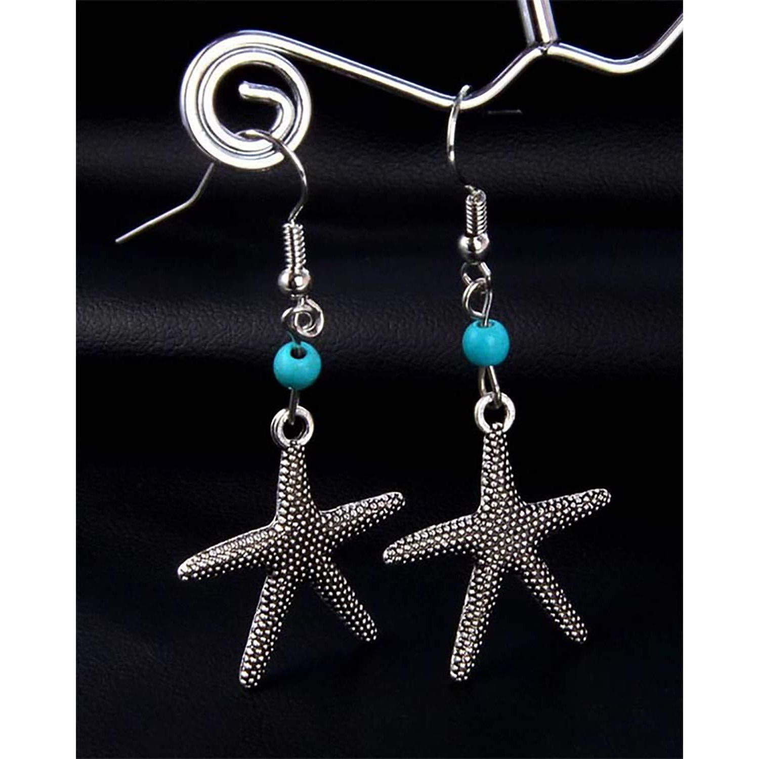Young & Forever Gift Oxidised Silver Black Metal Brass and Turquoise Magnesite Stone Hanging Starfish Shape Fancy Drop Earrings for Women/Girls (Blue)